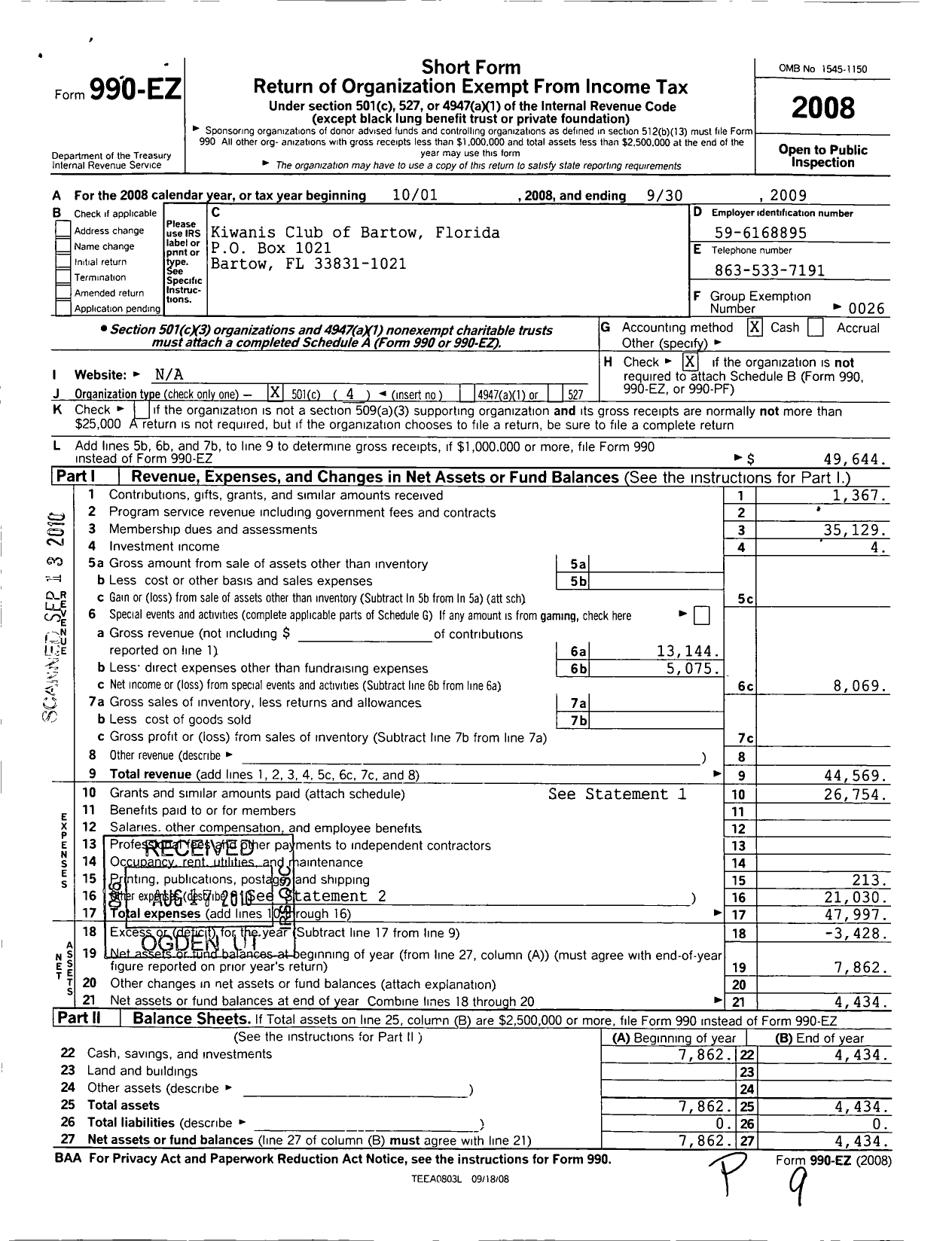 Image of first page of 2008 Form 990EO for Kiwanis International - K00713 Bartow