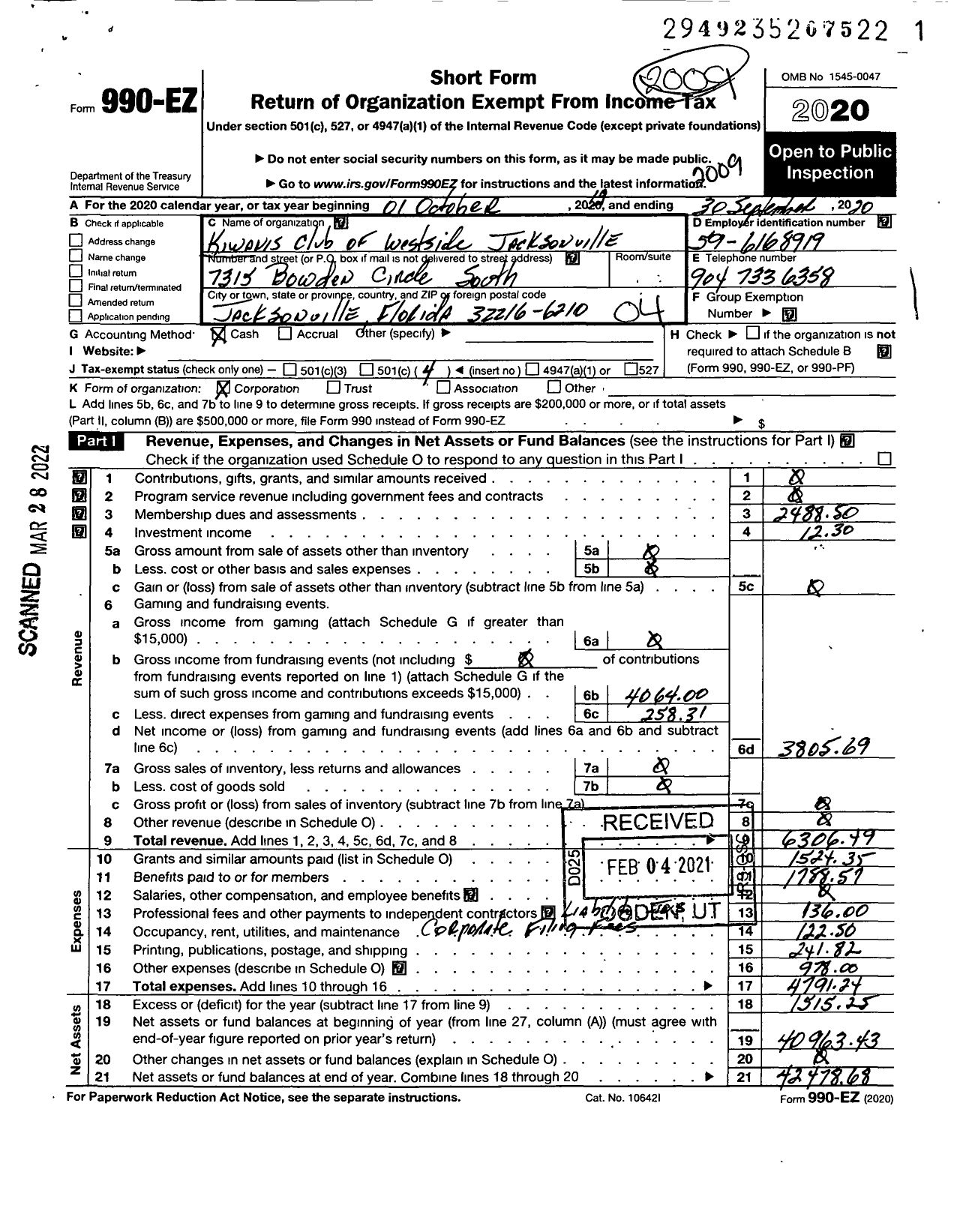 Image of first page of 2019 Form 990EO for Kiwanis International - K05979 Westside Jacksonville