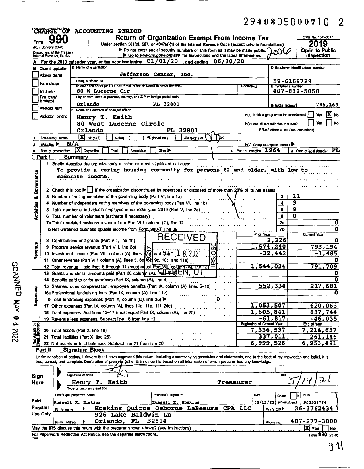 Image of first page of 2019 Form 990 for Jefferson Center