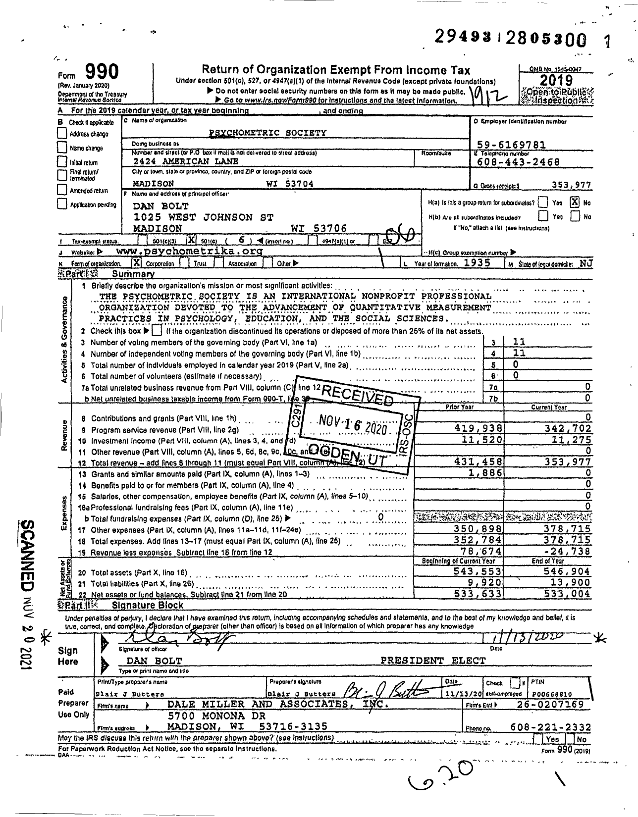 Image of first page of 2019 Form 990O for Psychometric Society