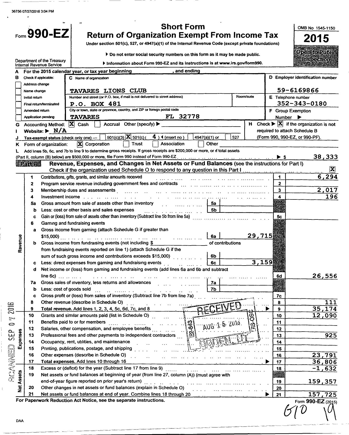 Image of first page of 2015 Form 990EO for Lions Clubs - 12562 Tavares