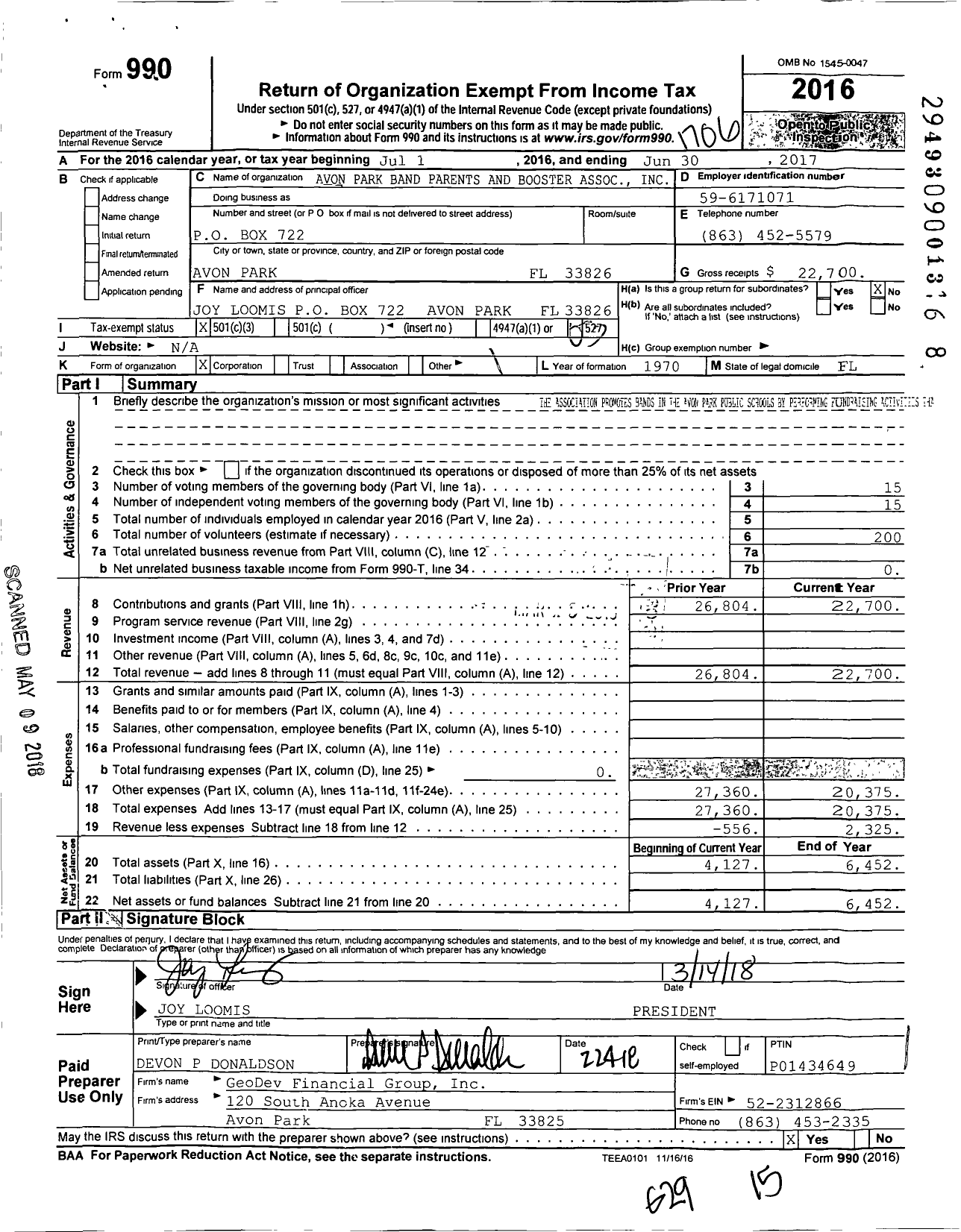 Image of first page of 2016 Form 990 for Avon Park Band Parents and Booster Association