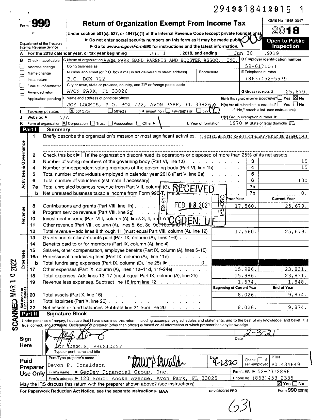 Image of first page of 2018 Form 990 for Avon Park Band Parents and Booster Association