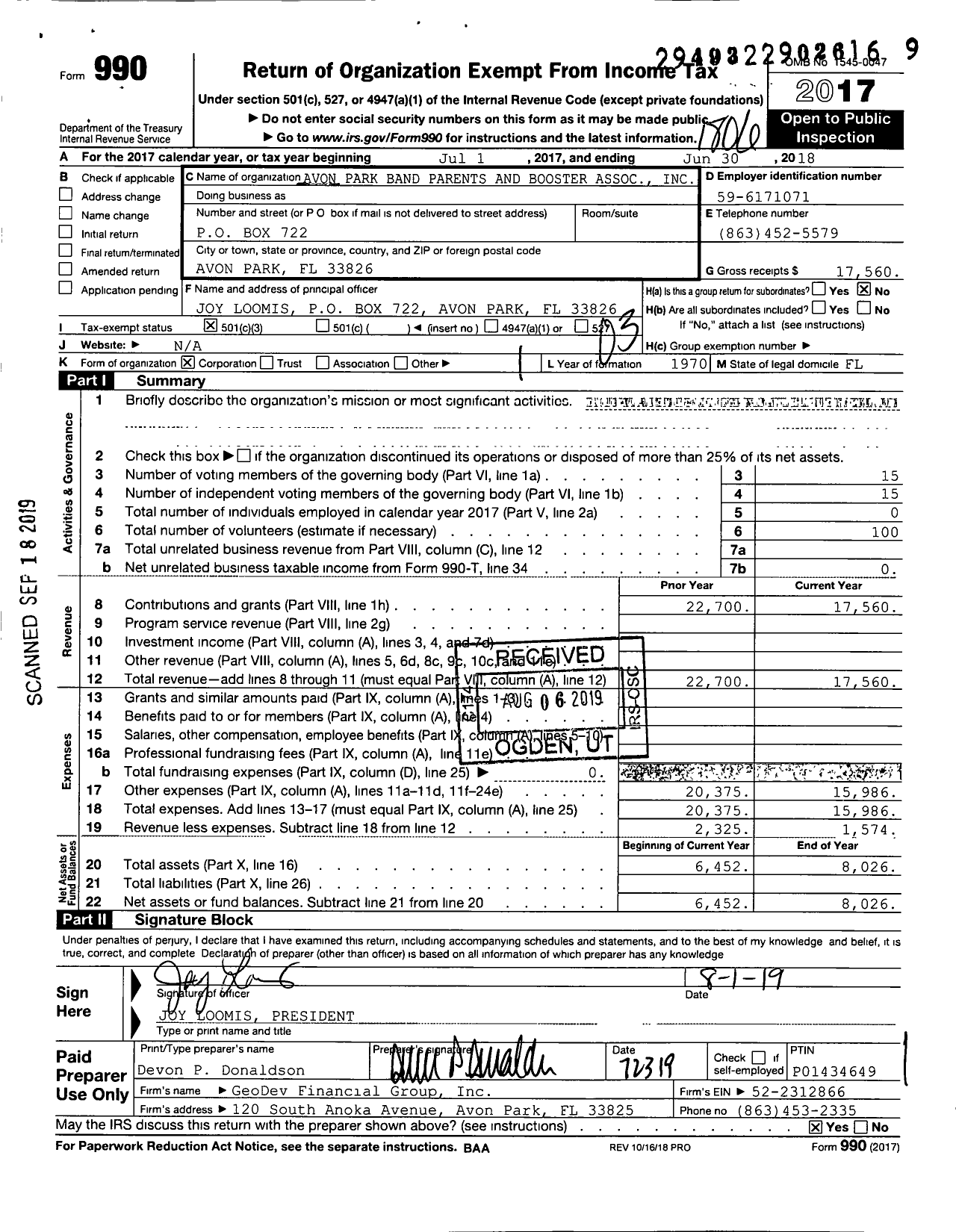 Image of first page of 2017 Form 990 for Avon Park Band Parents and Booster Association