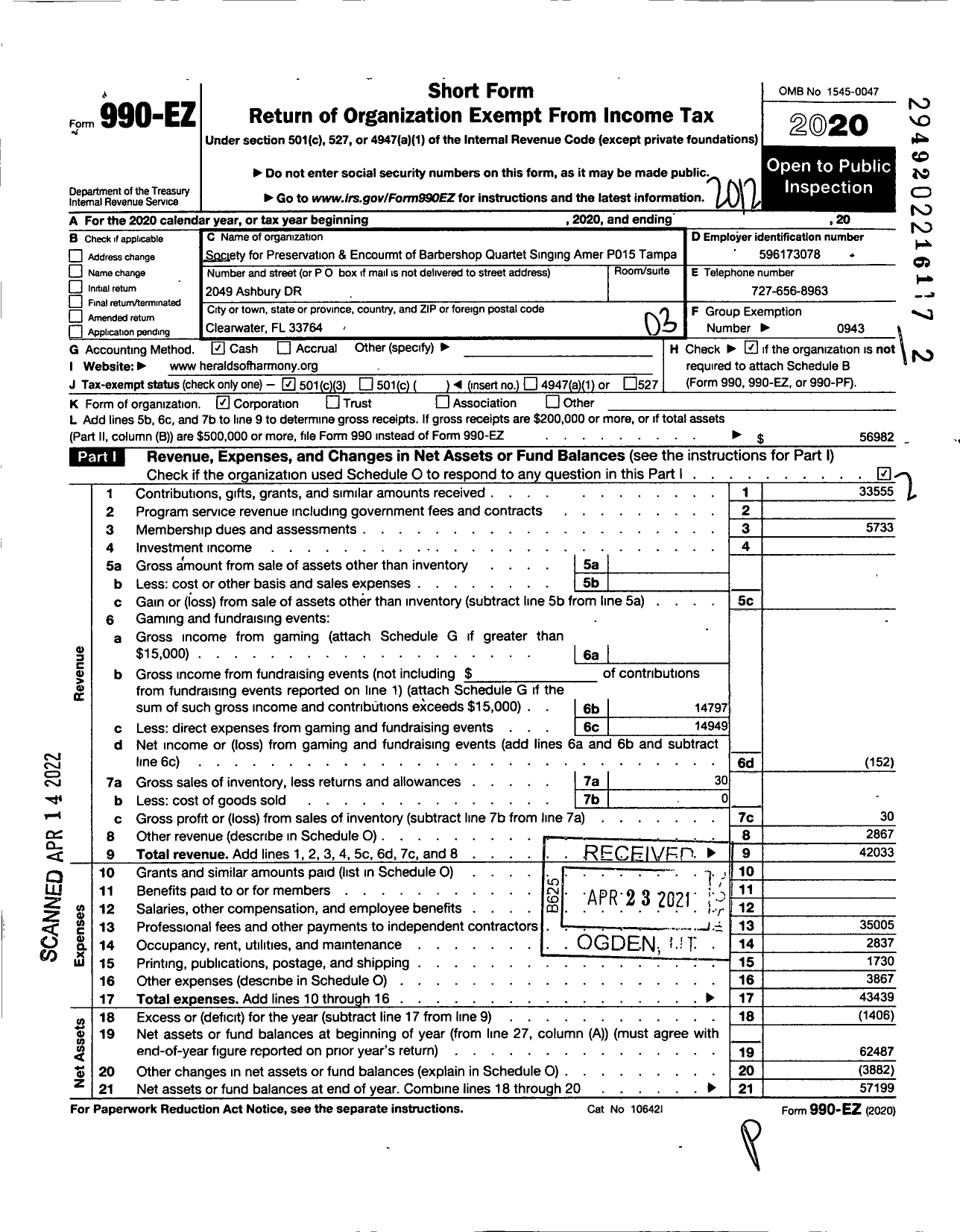 Image of first page of 2020 Form 990EZ for Barbershop Harmony Society - P015 Tampa