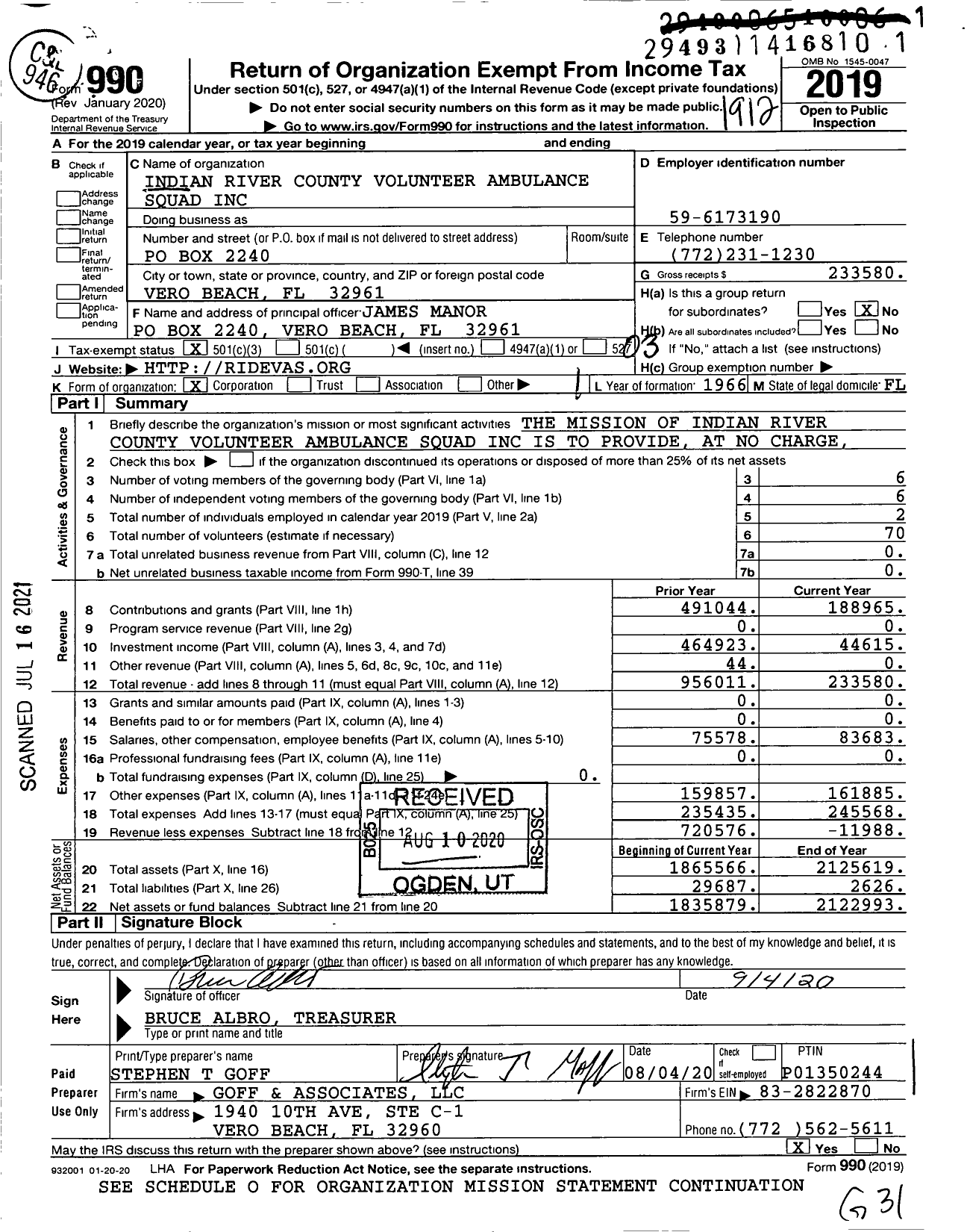 Image of first page of 2019 Form 990 for Indian River County Volunteer Ambulance Squad