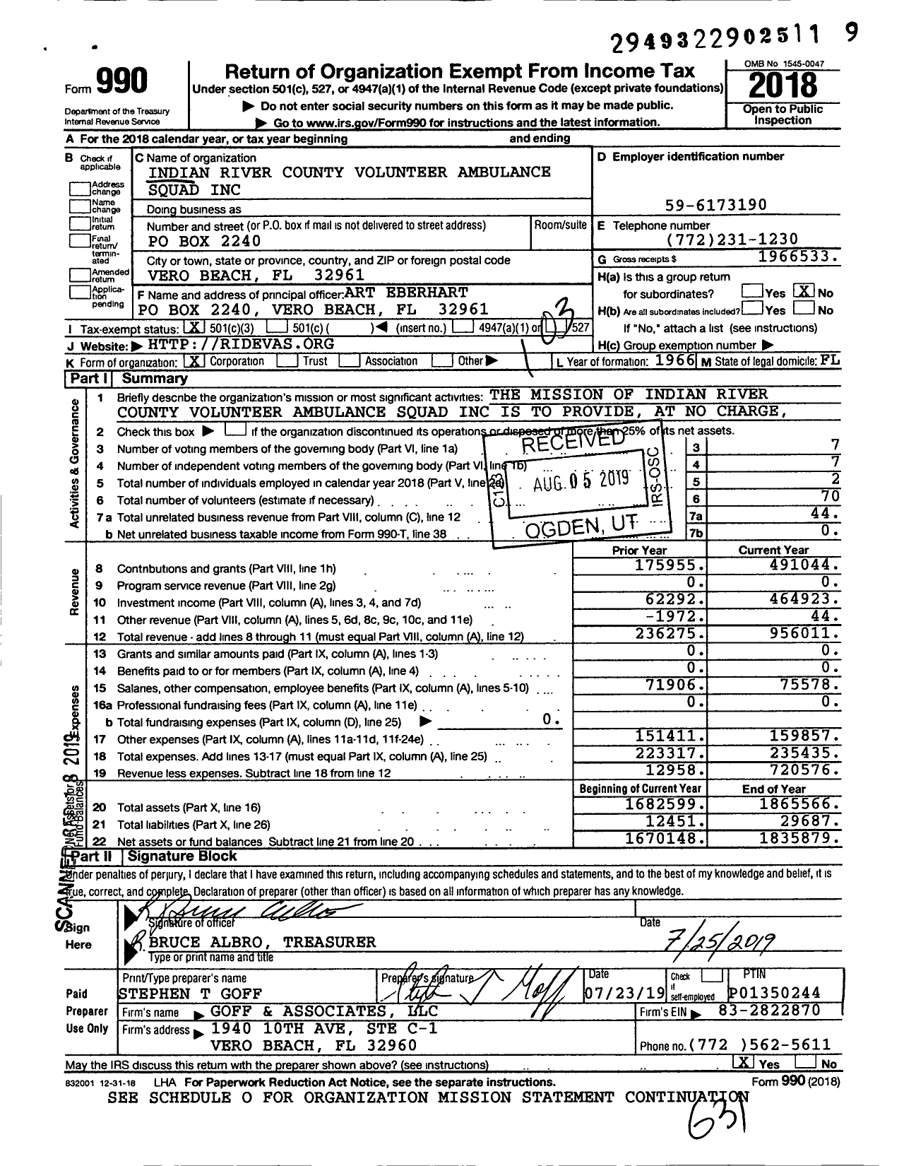 Image of first page of 2018 Form 990 for Indian River County Volunteer Ambulance Squad