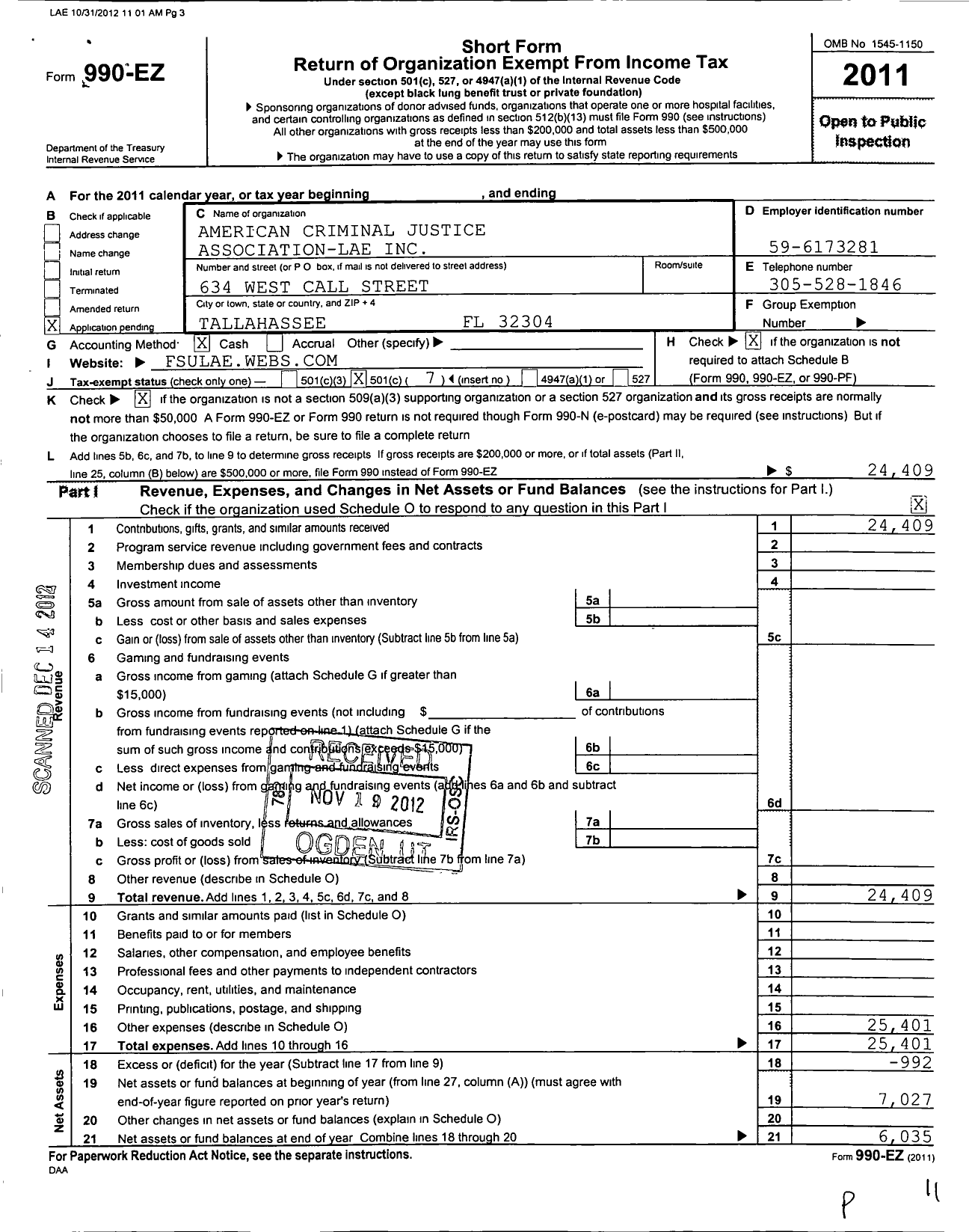 Image of first page of 2011 Form 990EO for American Criminal Justice Association Lambda Alpha Epsilon / Lambda