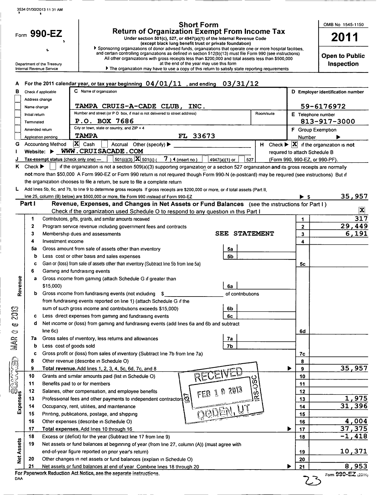 Image of first page of 2011 Form 990EO for Tampa Cruise Acade