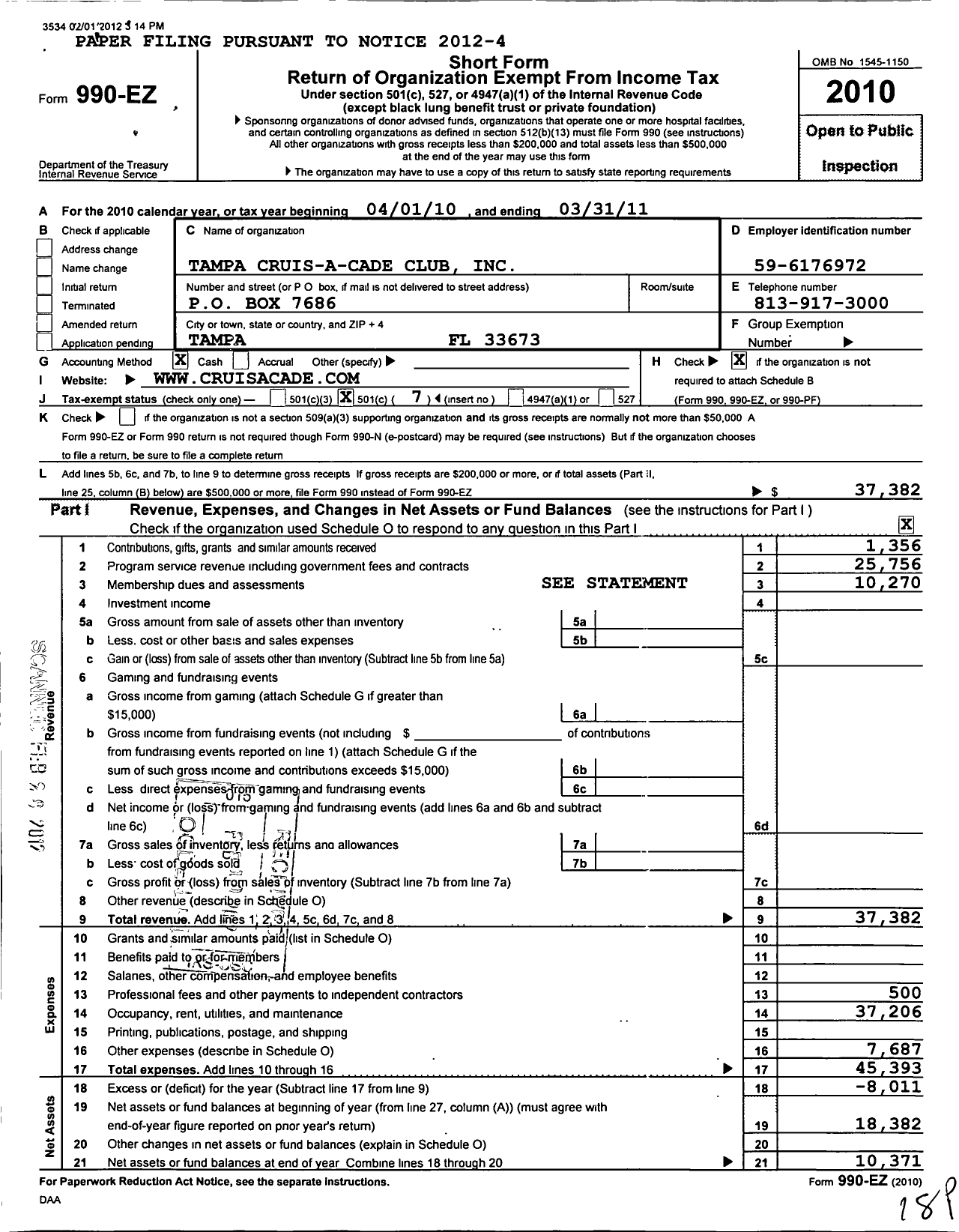 Image of first page of 2010 Form 990EO for Tampa Cruise Acade