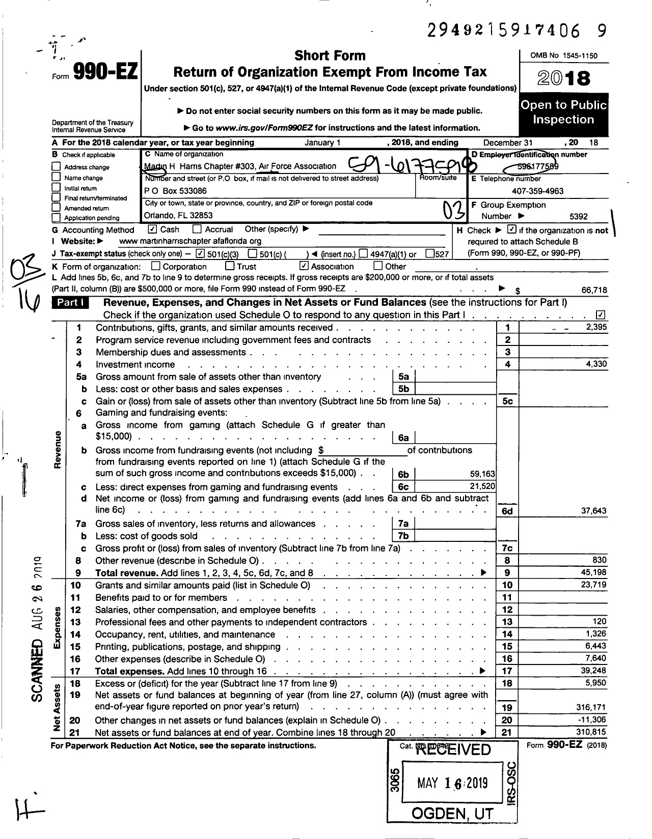 Image of first page of 2018 Form 990EZ for Air Force Association - Central Florida Chapter 303