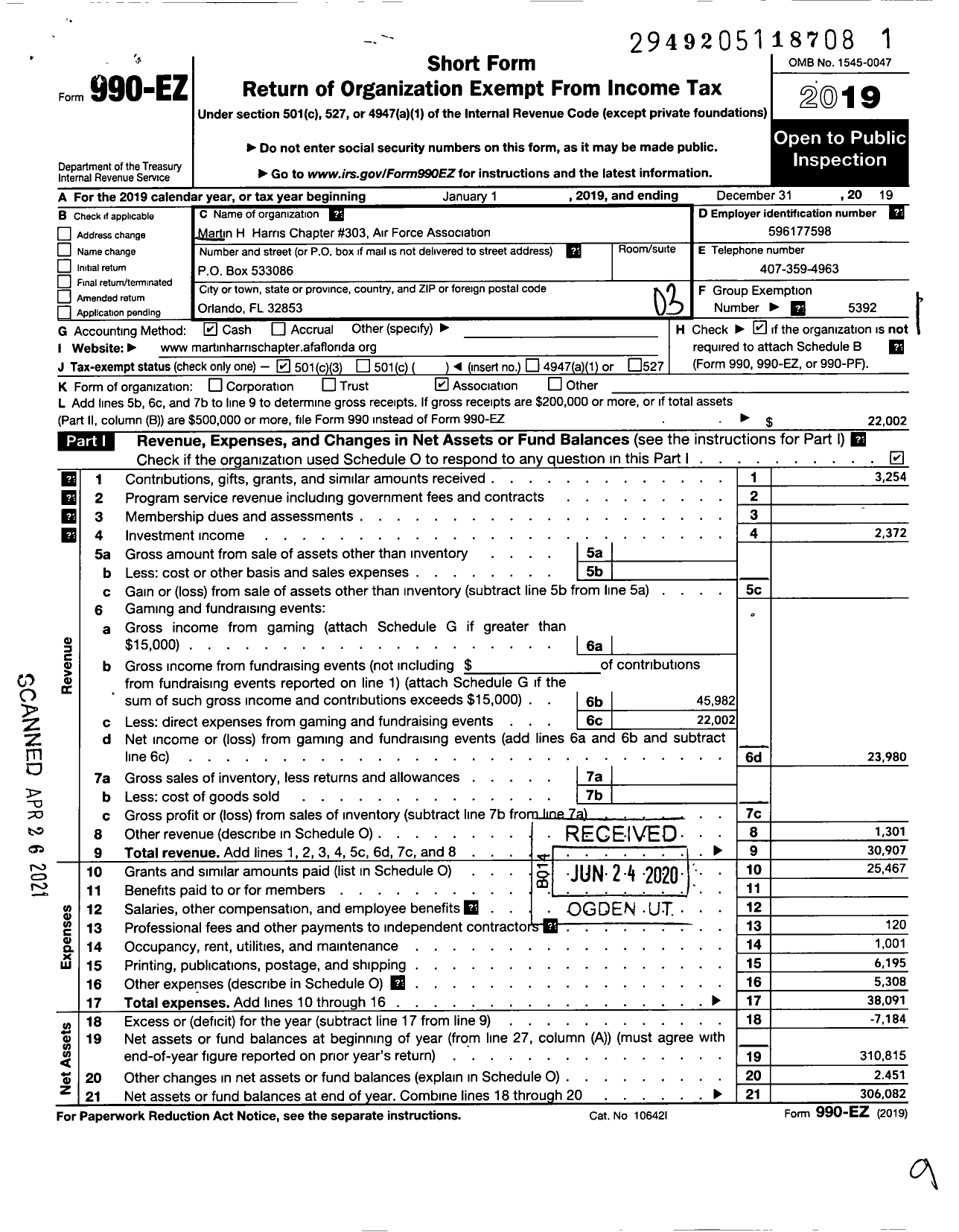 Image of first page of 2019 Form 990EZ for Air Force Association - Central Florida Chapter 303