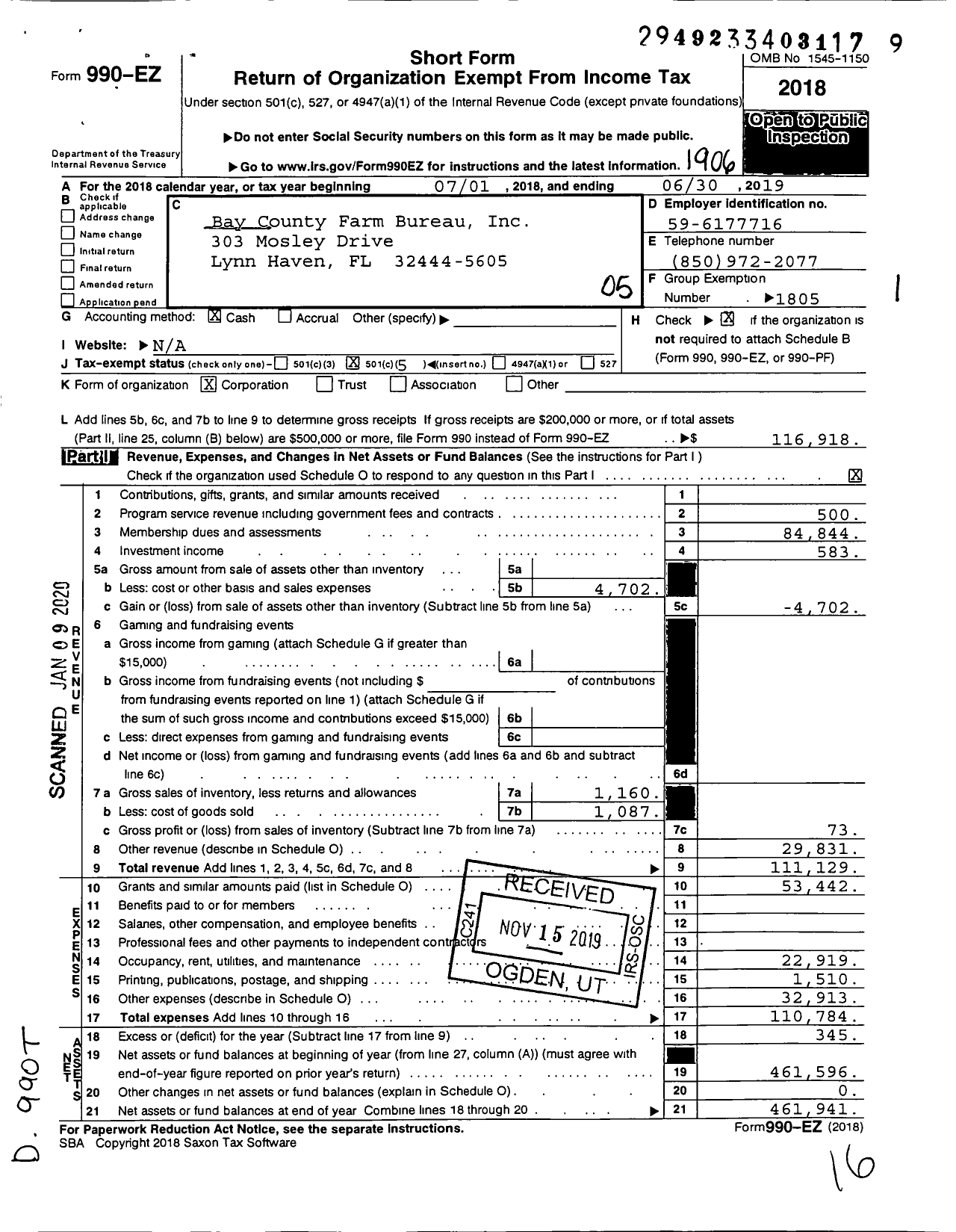 Image of first page of 2018 Form 990EO for Bay County Farm Bureau