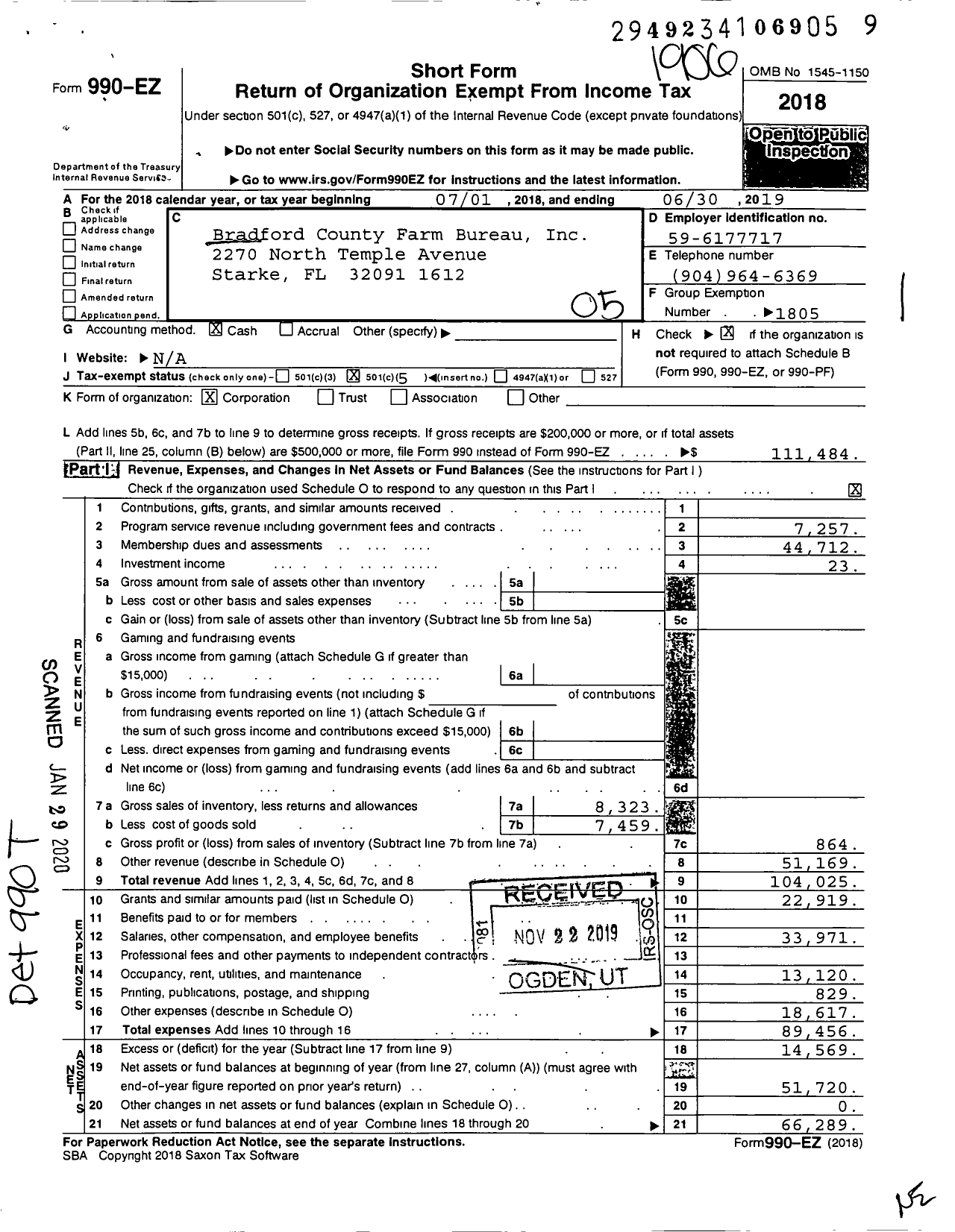 Image of first page of 2018 Form 990EO for Bradford County Farm Bureau