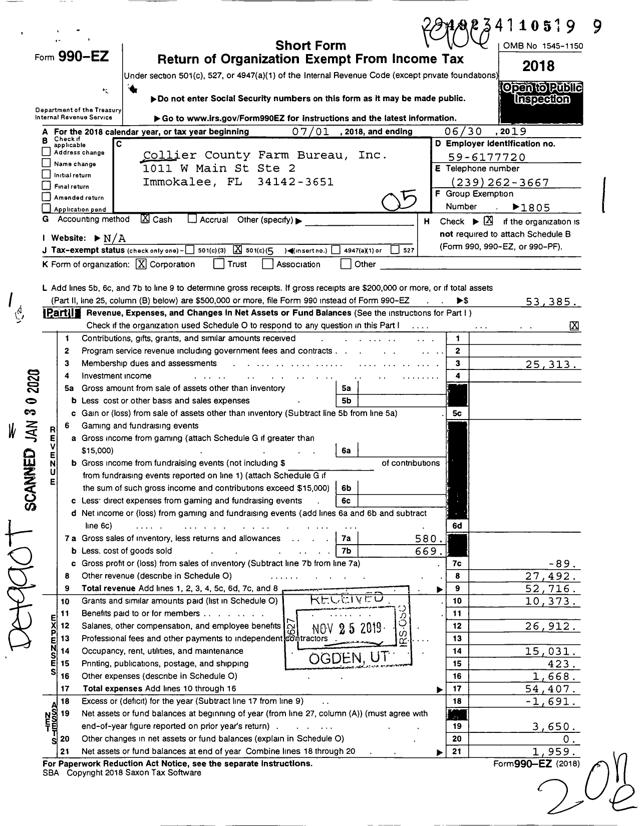 Image of first page of 2018 Form 990EO for Collier County Farm Bureau