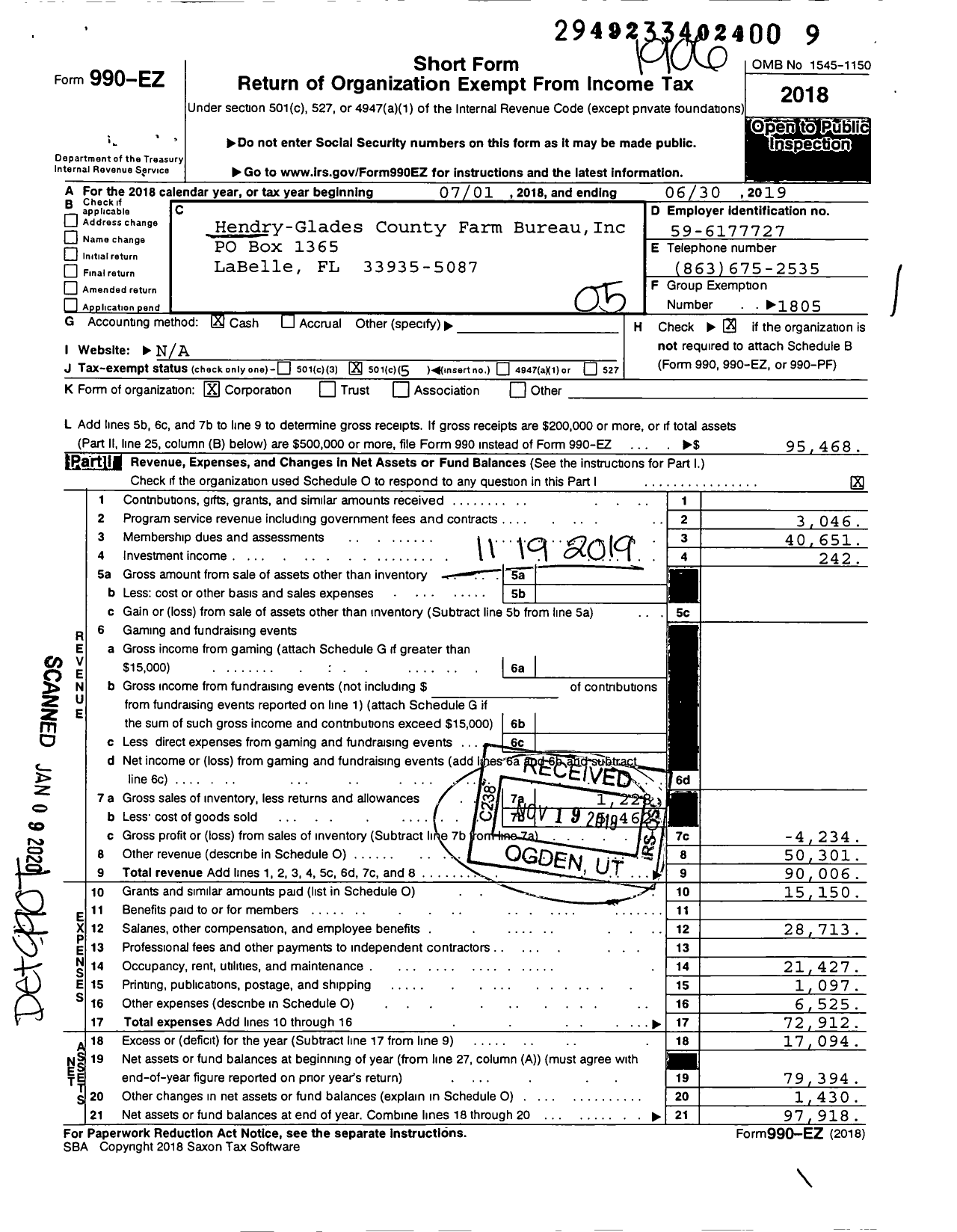 Image of first page of 2018 Form 990EO for Hendry-Glades County Farm Bureau