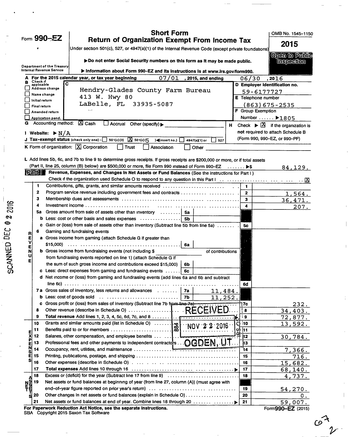 Image of first page of 2015 Form 990EO for Hendry-Glades County Farm Bureau