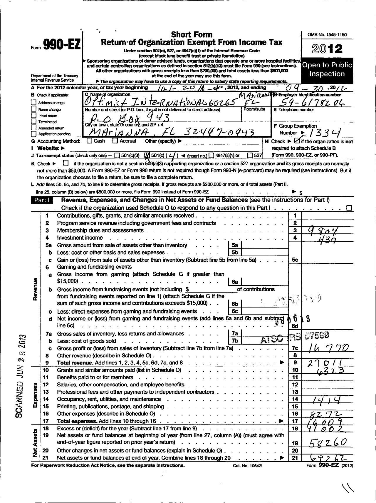 Image of first page of 2011 Form 990EO for Optimist International - 60265 Oc of Marianna FL