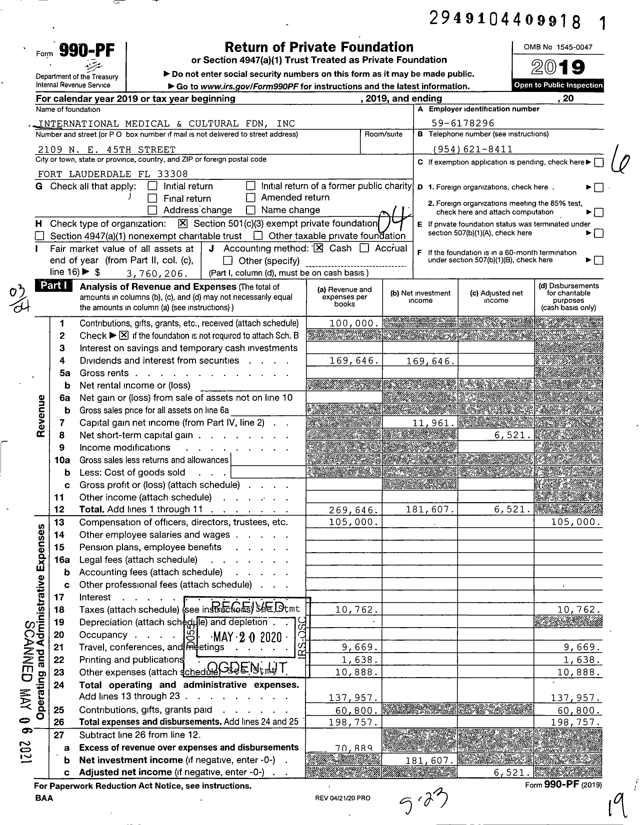 Image of first page of 2019 Form 990PF for International Medical and Cultural Foundation