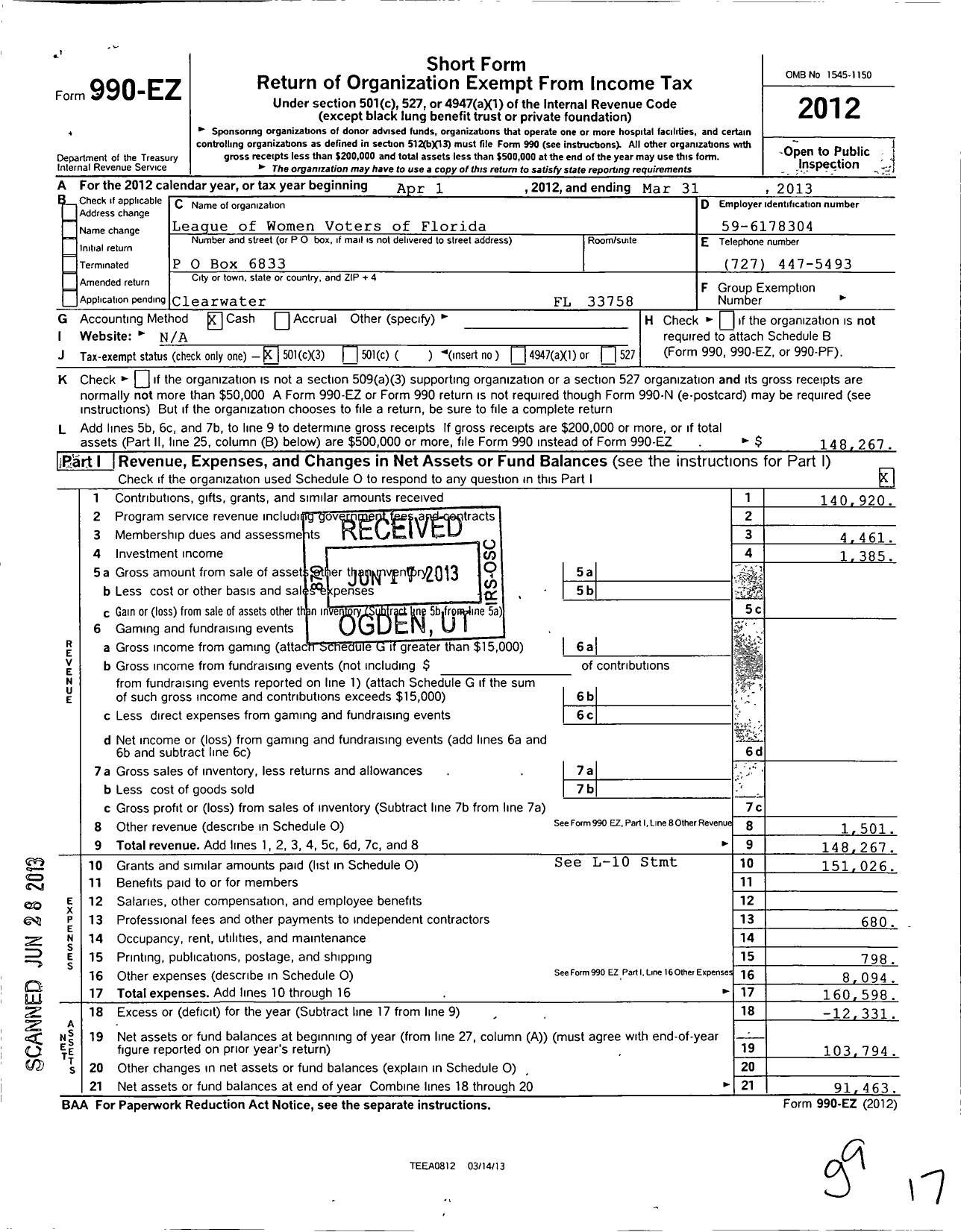 Image of first page of 2012 Form 990EZ for League of Momen Voters of North Pinellas County