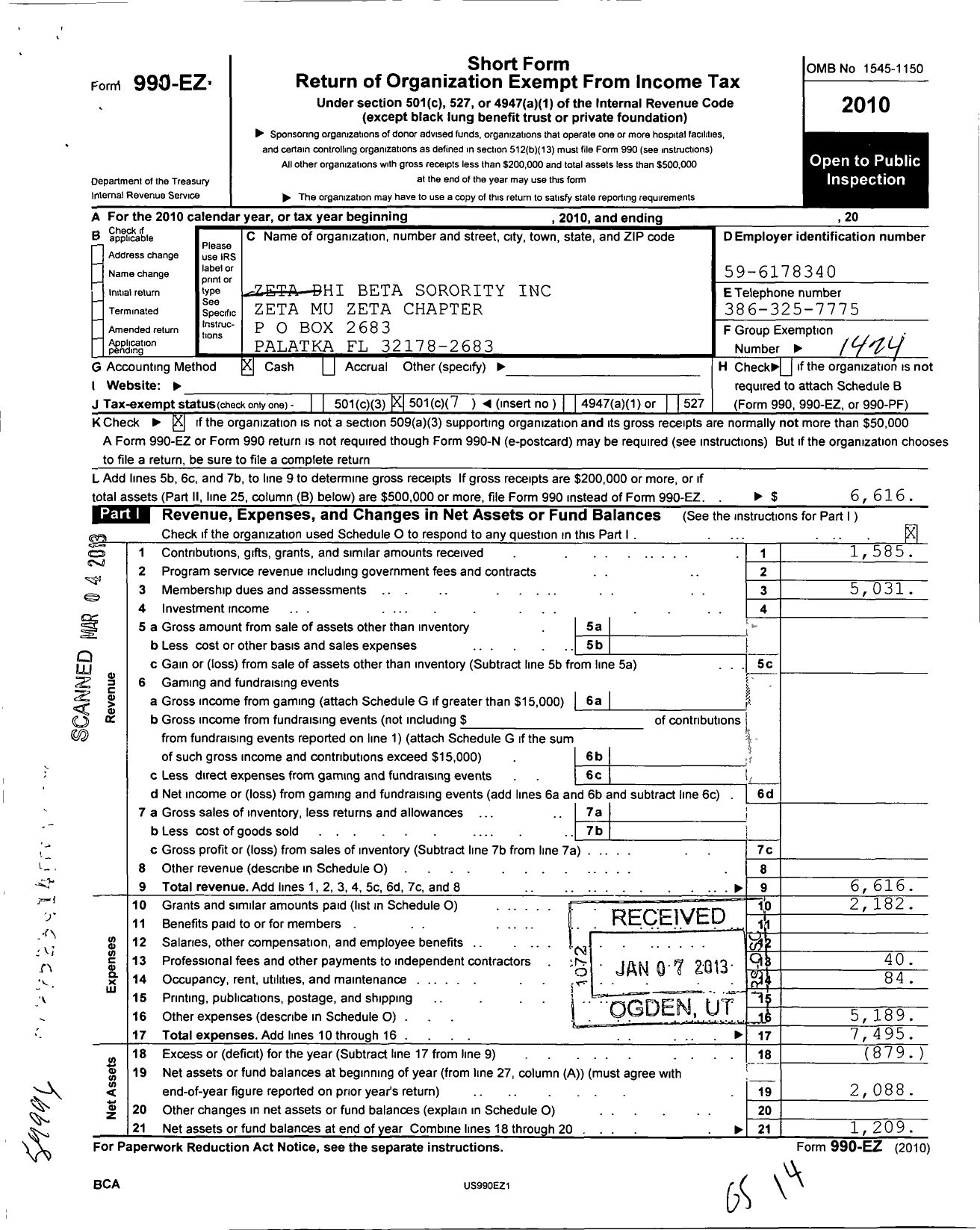 Image of first page of 2010 Form 990EO for Zeta Phi Beta Sorority / Zeta Mu Zeta Chapter