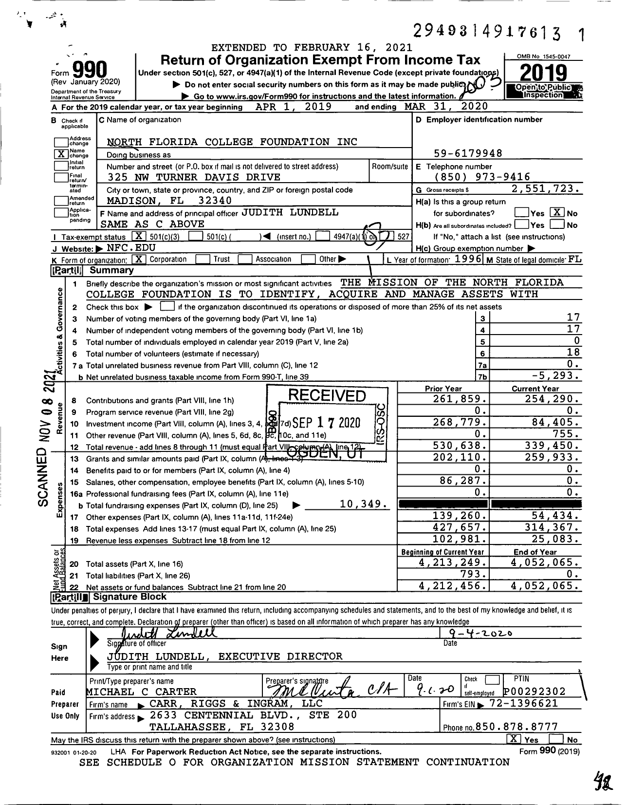 Image of first page of 2019 Form 990 for North Florida College Foundation