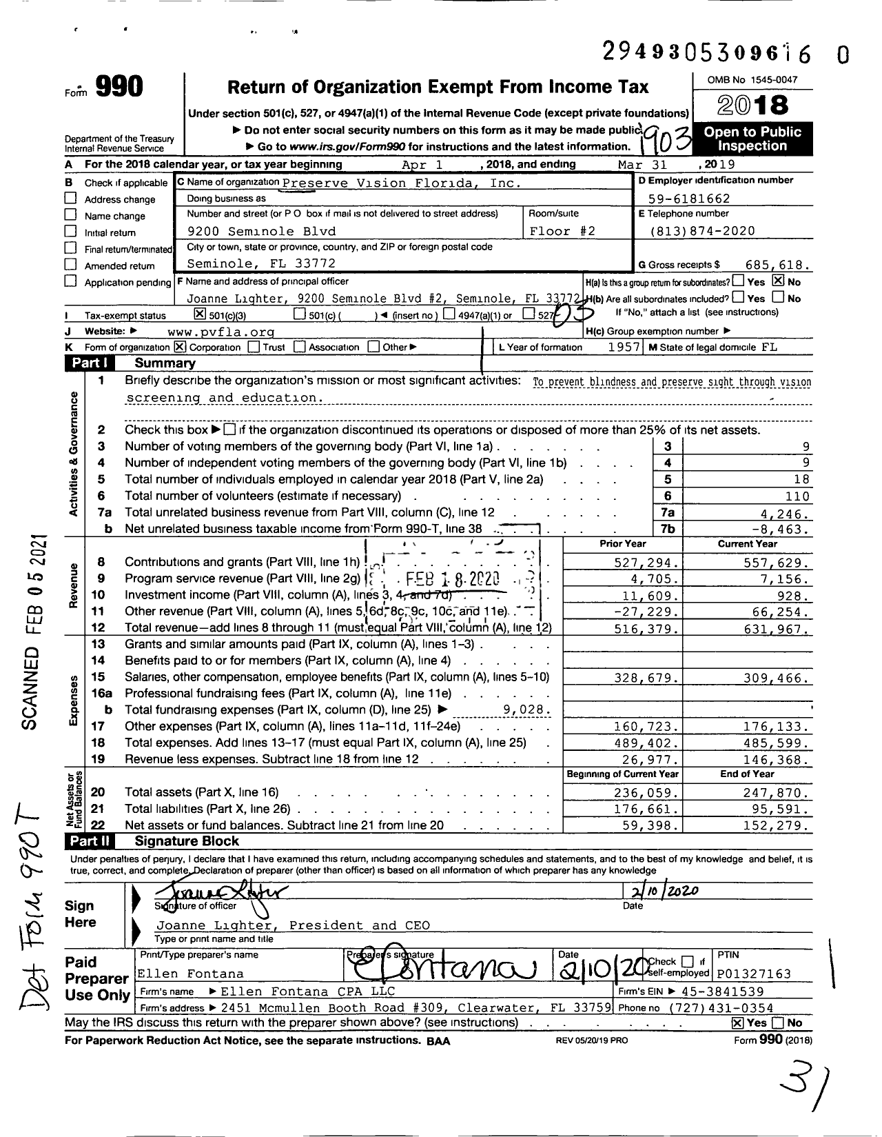 Image of first page of 2018 Form 990 for Preserve Vision Florida