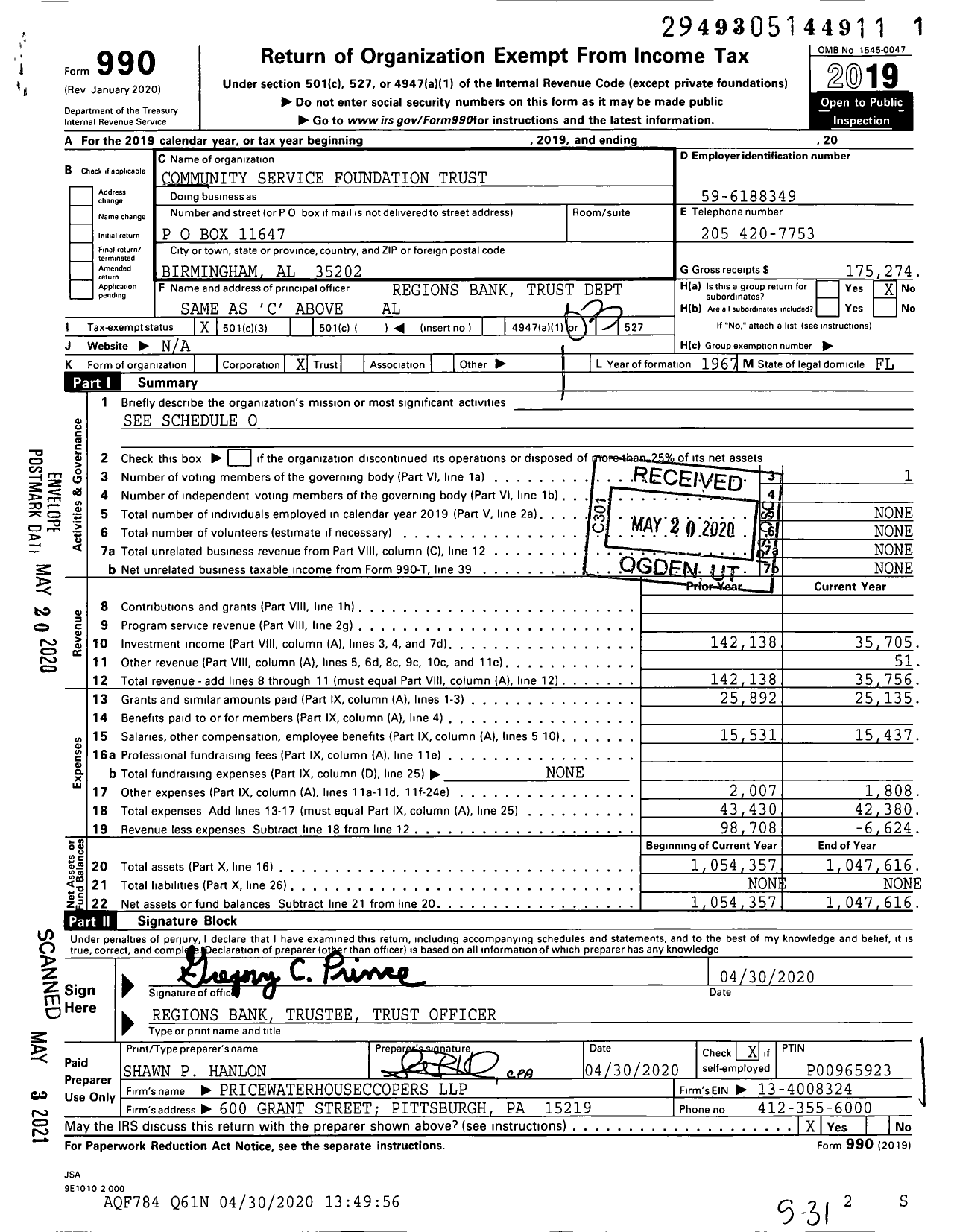 Image of first page of 2019 Form 990 for Community Service Foundation Trust