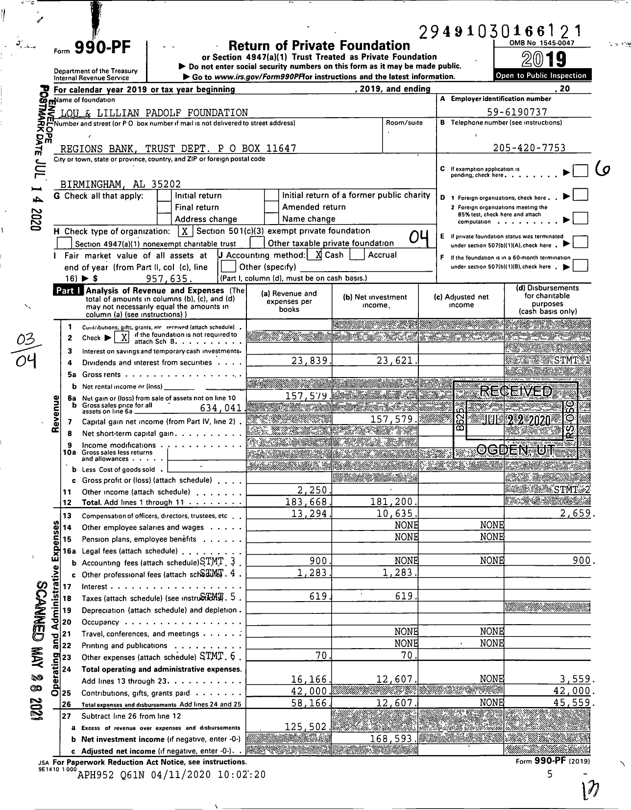 Image of first page of 2019 Form 990PF for Lou and Lillian Padolf Foundation