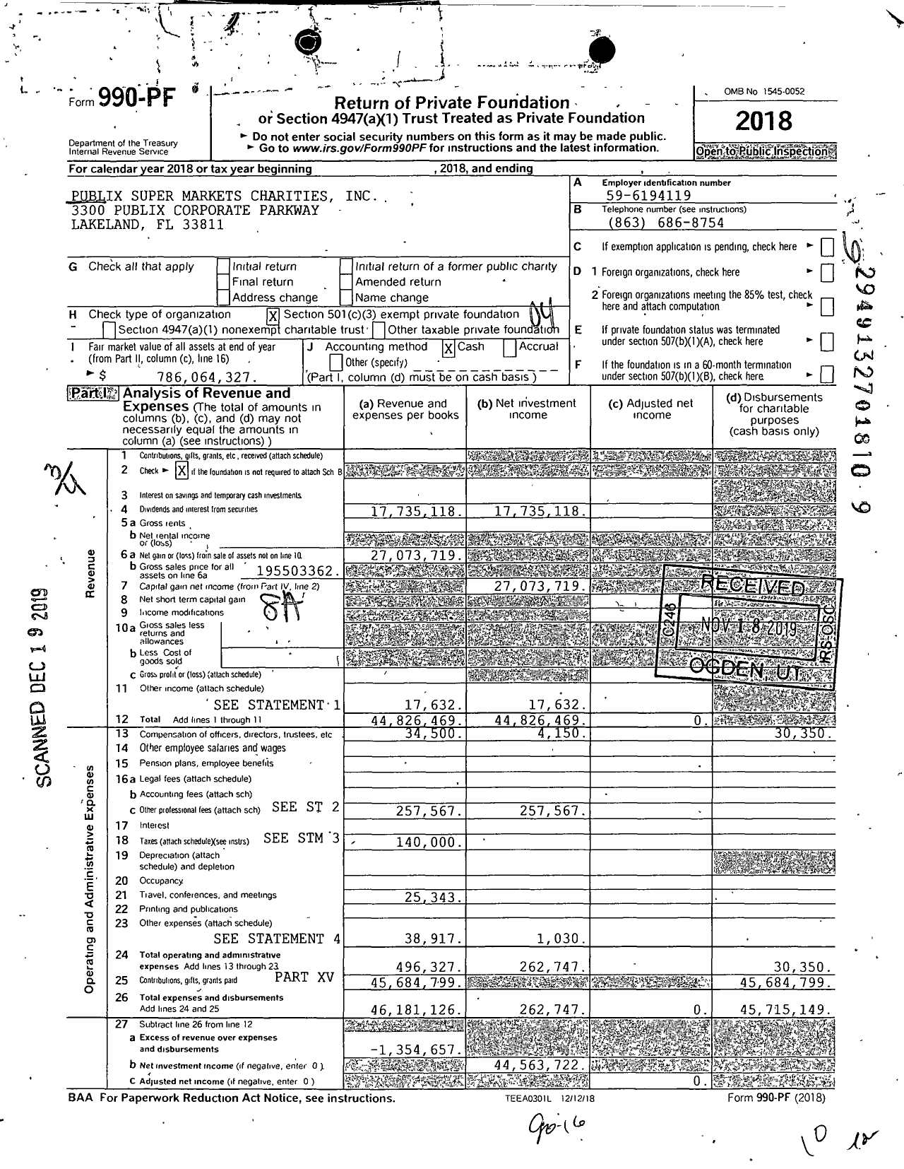 Image of first page of 2018 Form 990PF for Publix Super Markets Charities