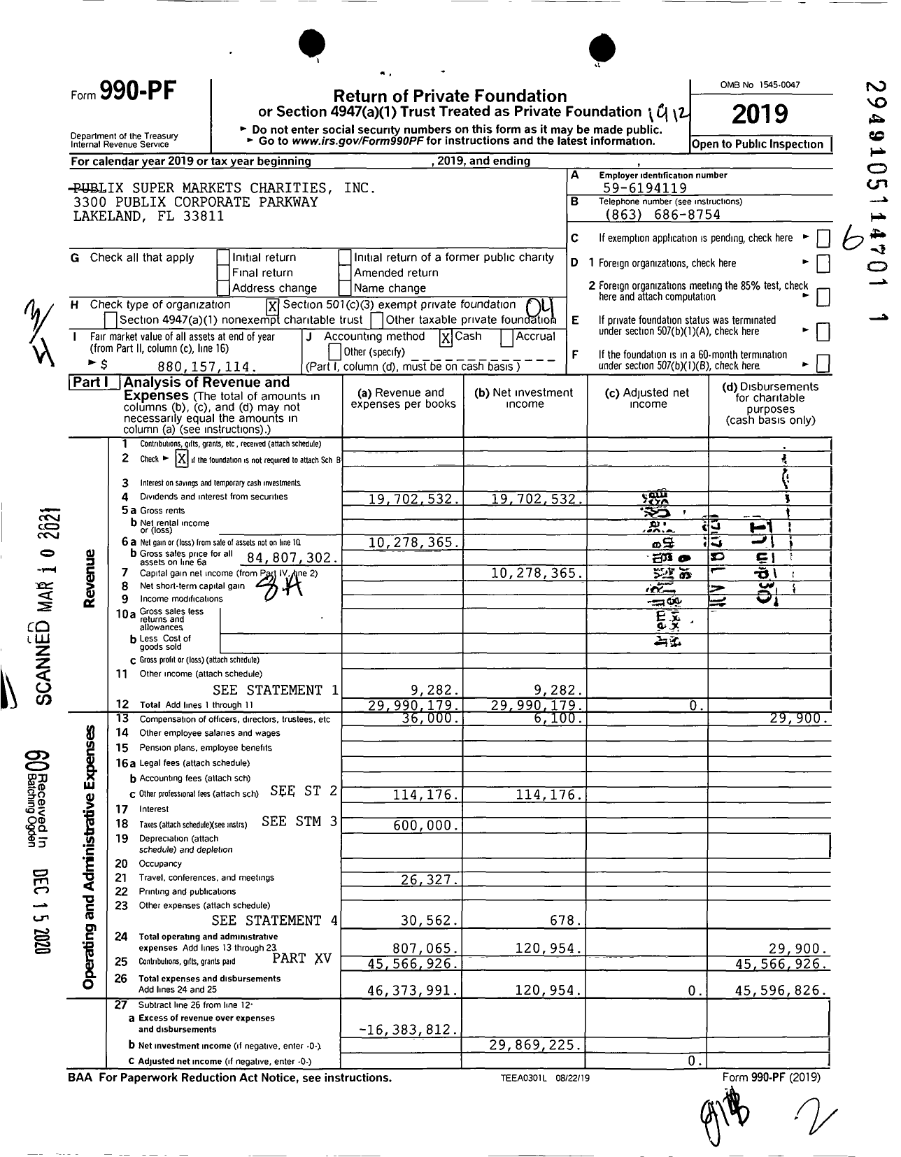 Image of first page of 2019 Form 990PF for Publix Super Markets Charities