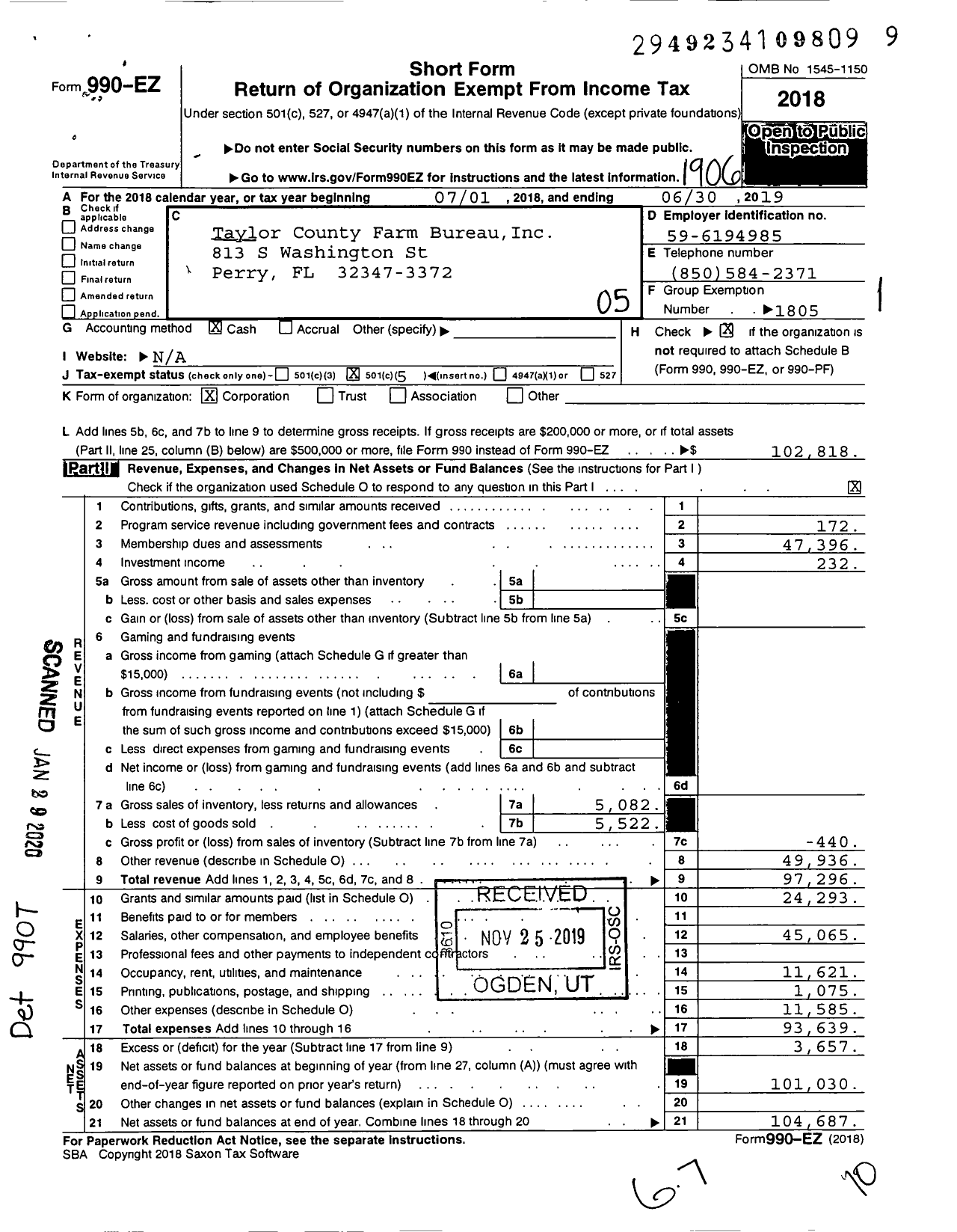 Image of first page of 2018 Form 990EO for Taylor County Farm Bureau