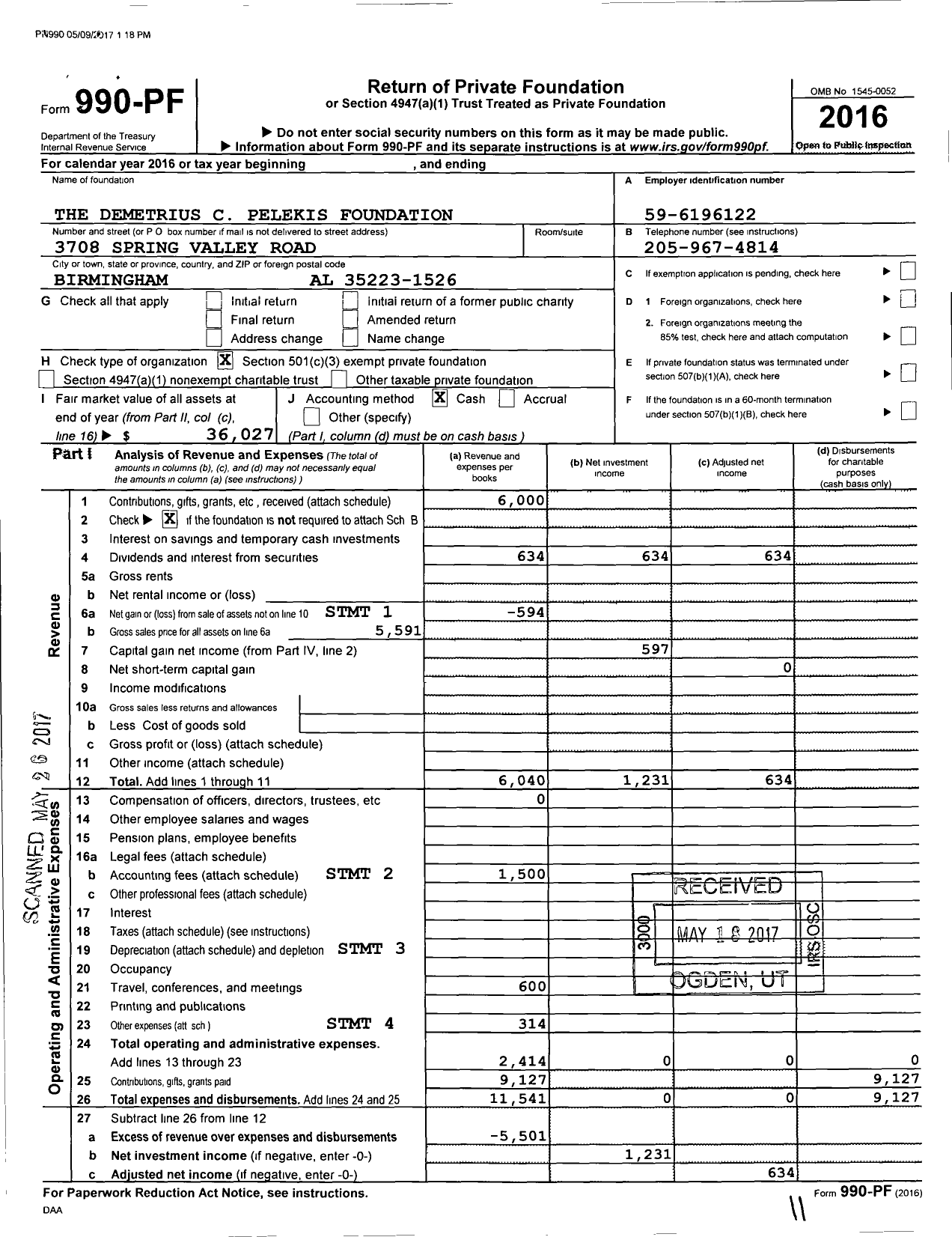 Image of first page of 2016 Form 990PF for The Demetrius C Pelekis Foundation