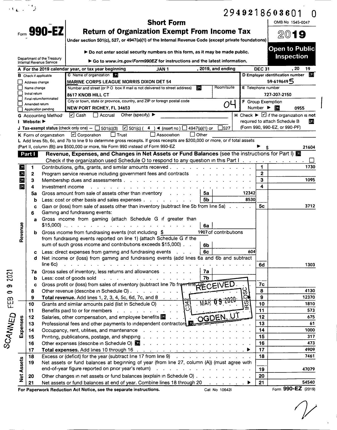 Image of first page of 2019 Form 990O for Marine Corps League - 54 MCL Morris F Dixon JR Det