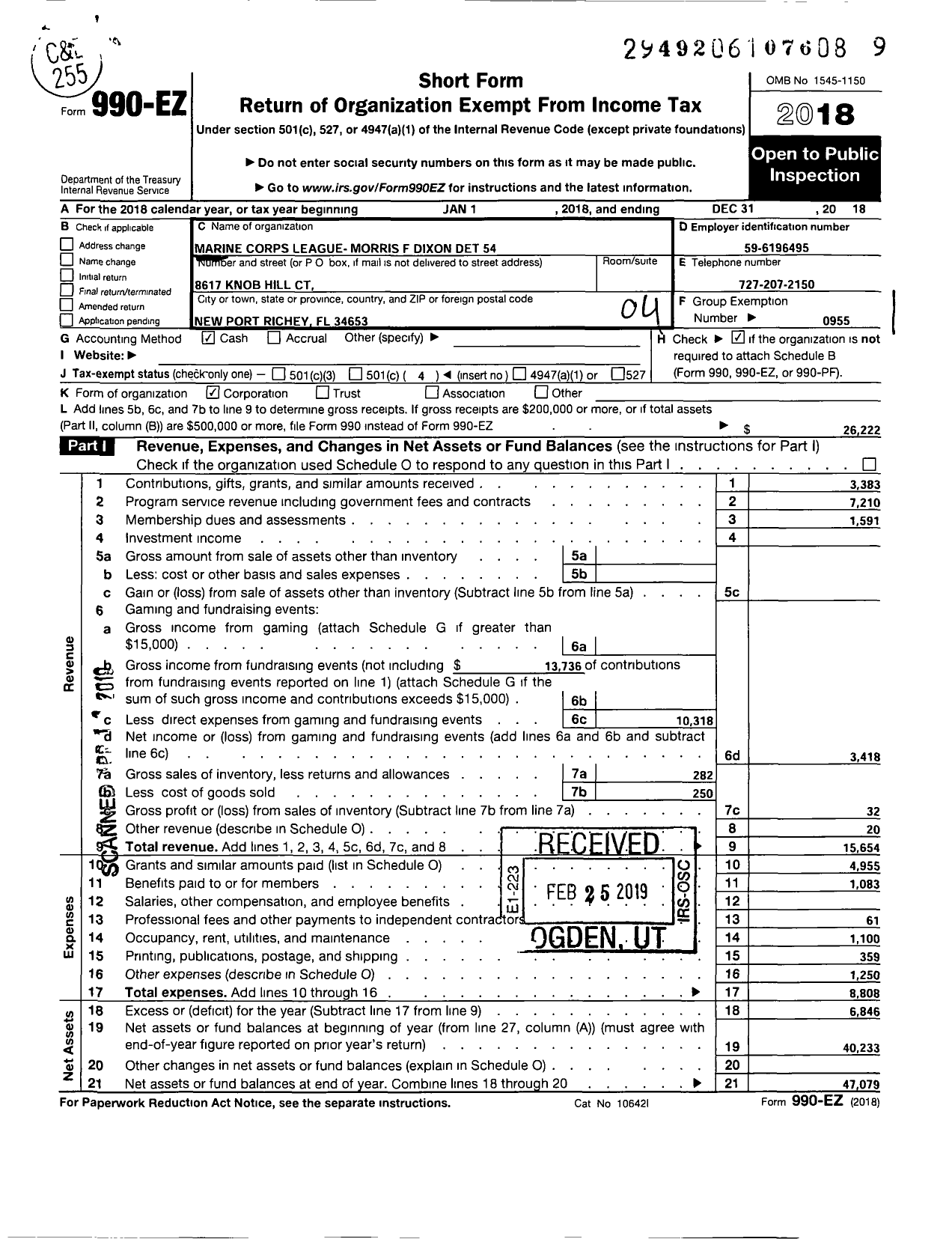 Image of first page of 2018 Form 990EO for Marine Corps League - 54 MCL Morris F Dixon JR Det