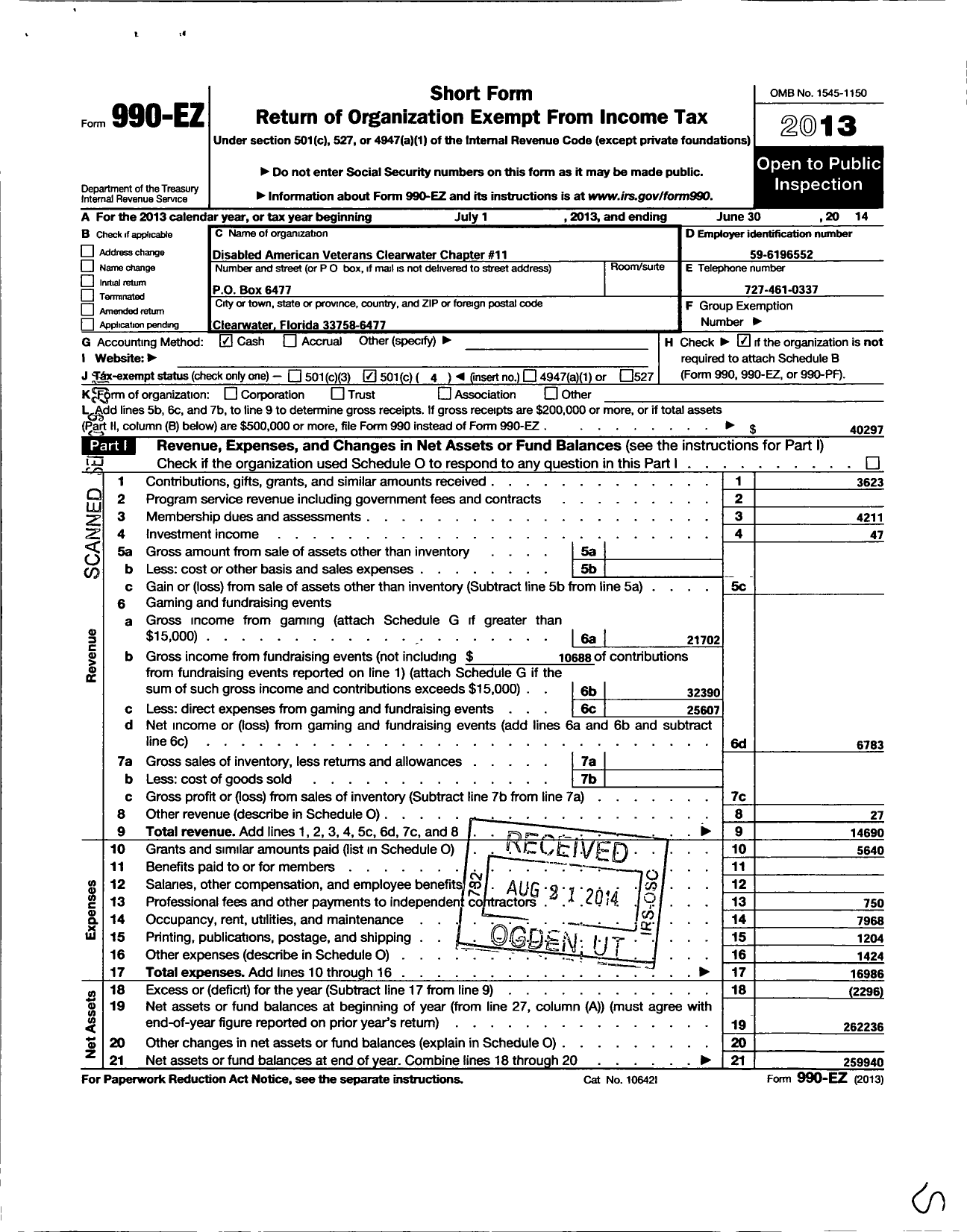 Image of first page of 2013 Form 990EO for Disabled American Veterans - 11 Clearwater