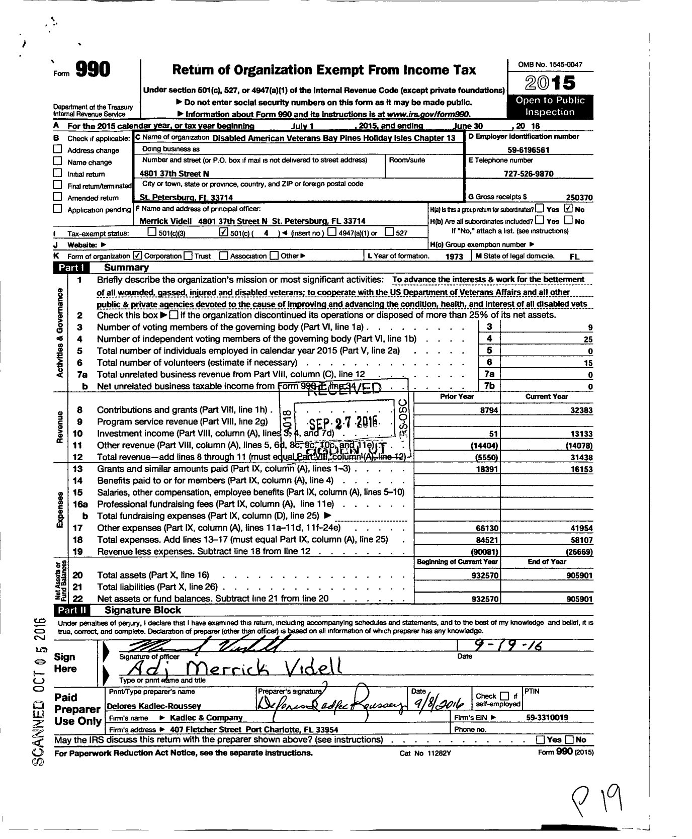 Image of first page of 2015 Form 990O for Disabled American Veterans Bay Pines Holiday Isles Chapter 13