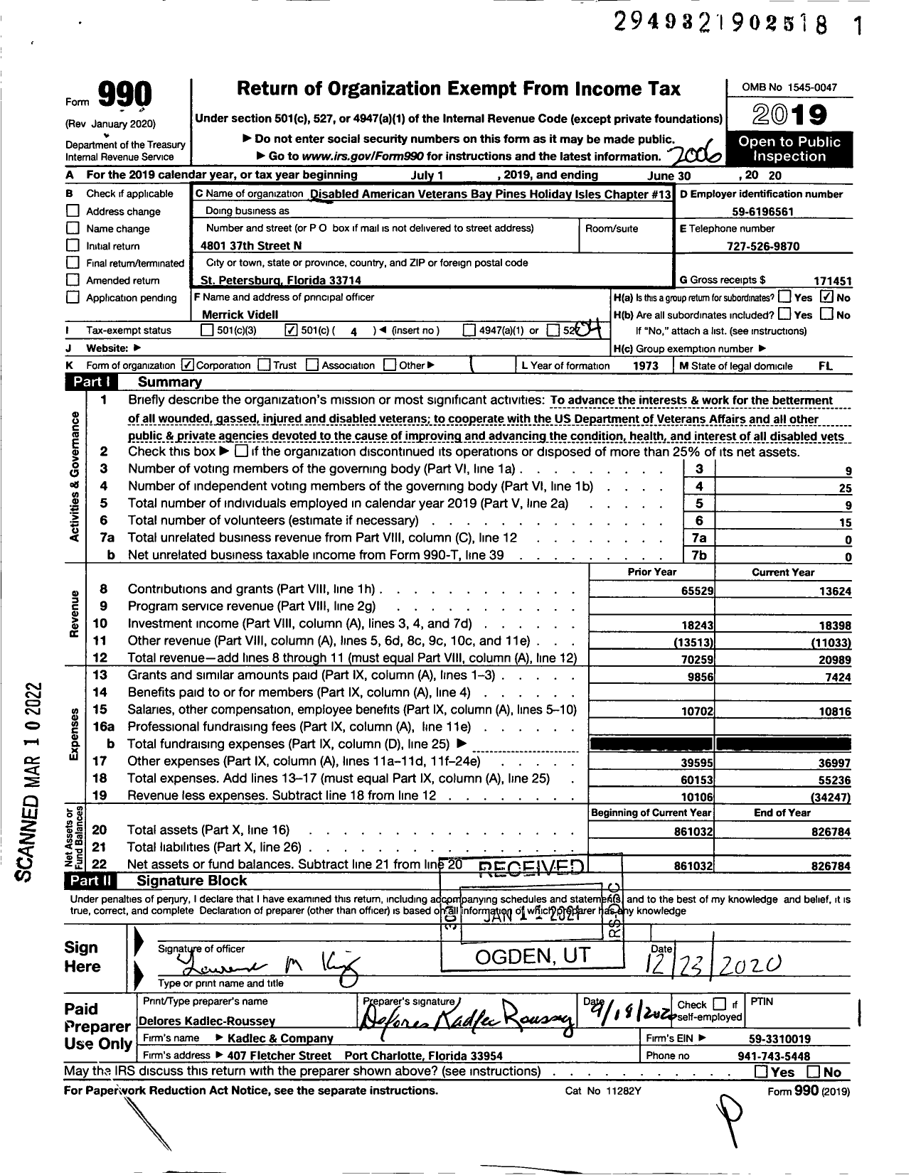 Image of first page of 2019 Form 990O for Disabled American Veterans Bay Pines Holiday Isles Chapter 13