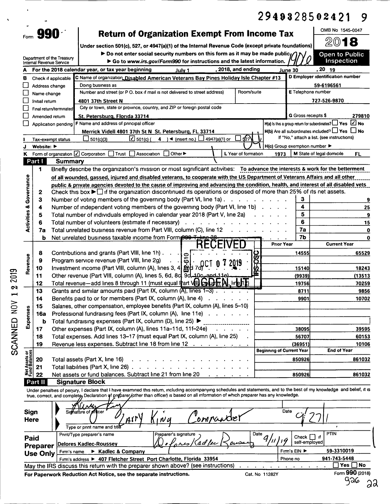 Image of first page of 2018 Form 990O for Disabled American Veterans Bay Pines Holiday Isles Chapter 13