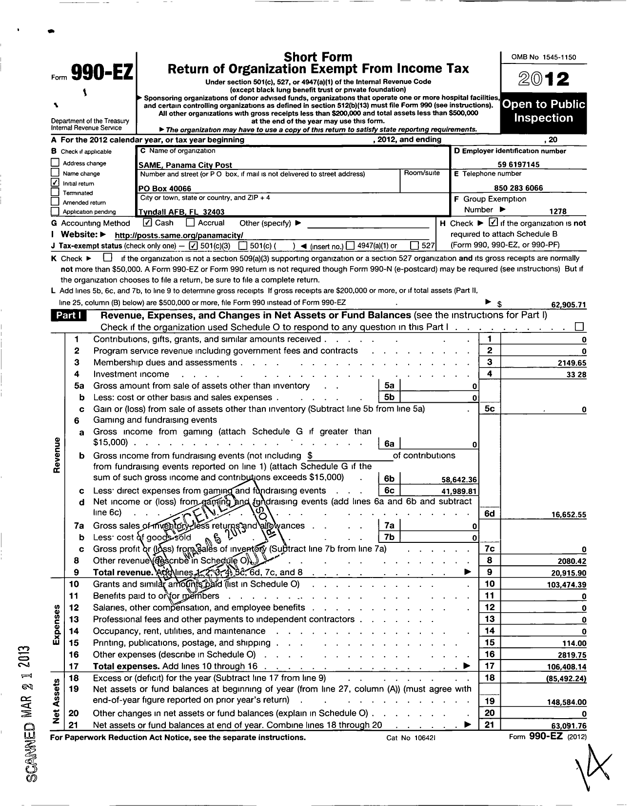 Image of first page of 2012 Form 990EZ for Society of American Military Engineers / S A M E Panama City Post