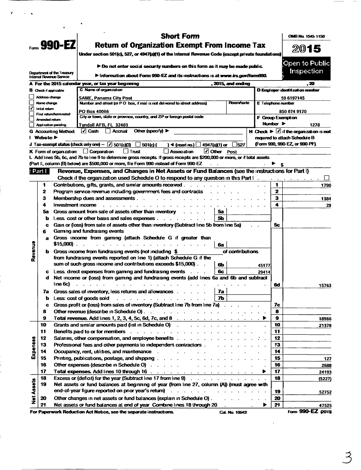 Image of first page of 2015 Form 990EZ for Society of American Military Engineers / S A M E Panama City Post