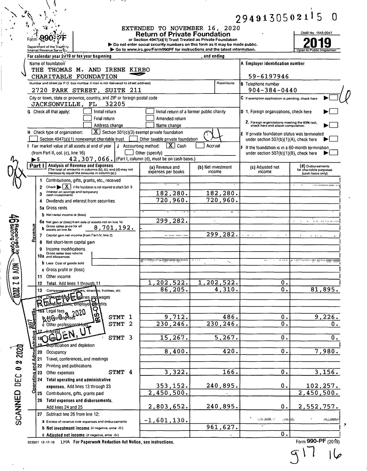 Image of first page of 2019 Form 990PF for Thomas M. & Irene B. Kirbo Charitable Foundation