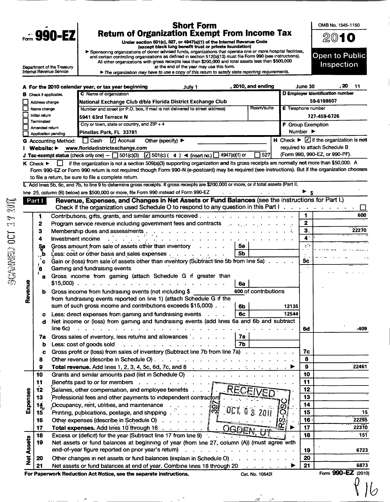 Image of first page of 2010 Form 990EO for National Exchange Club - Florida District Exchange Club