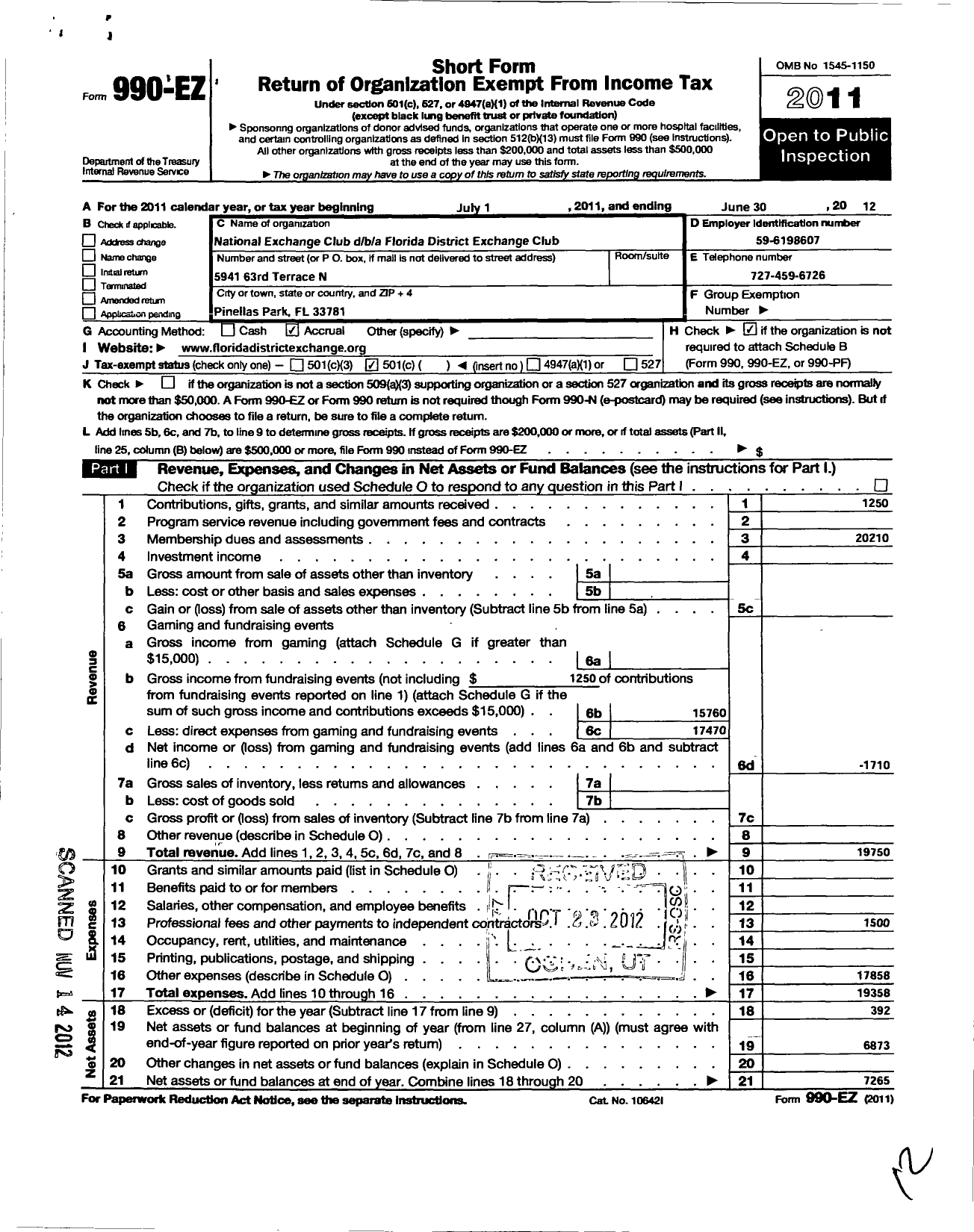 Image of first page of 2011 Form 990EO for National Exchange Club - Florida District Exchange Club