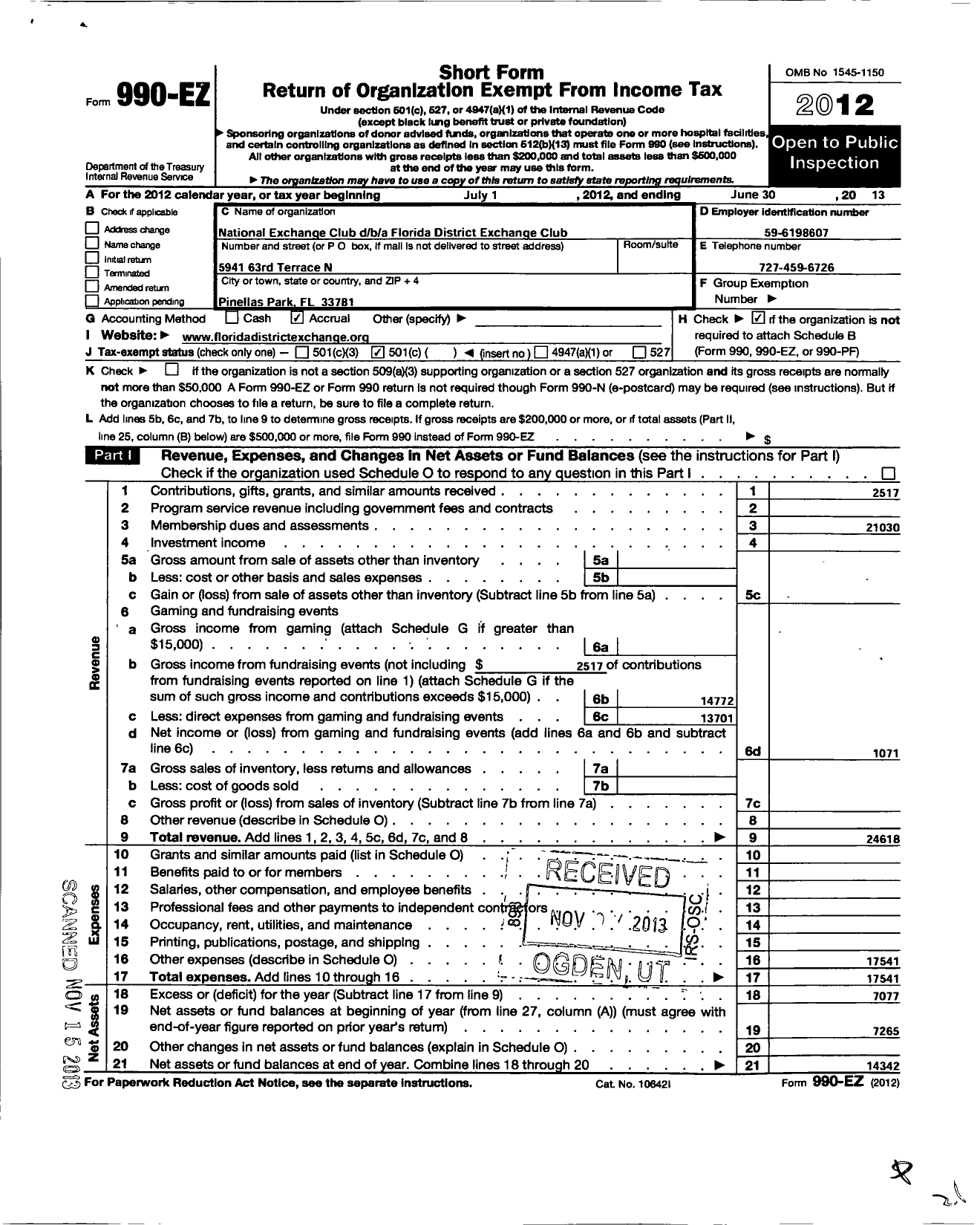 Image of first page of 2012 Form 990EO for National Exchange Club - Florida District Exchange Club