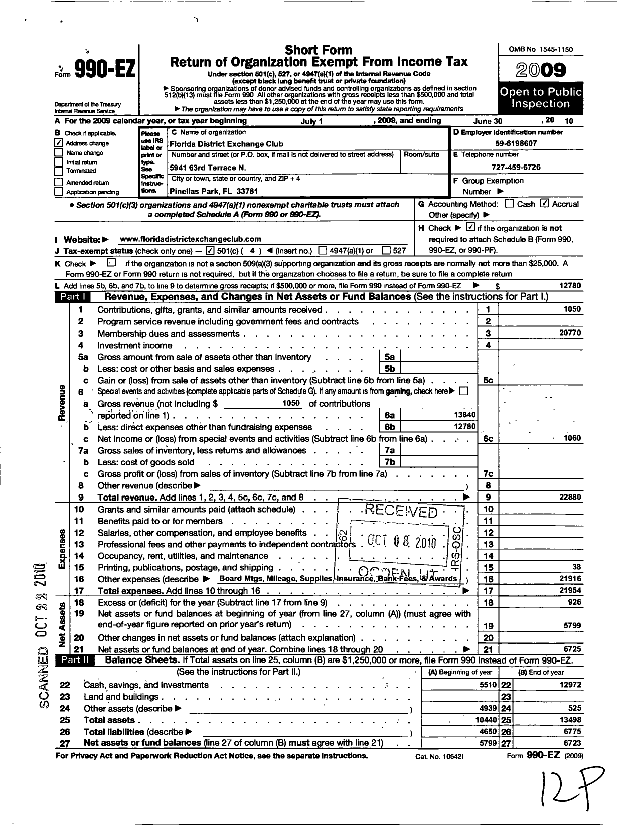 Image of first page of 2009 Form 990EO for National Exchange Club - Florida District Exchange Club