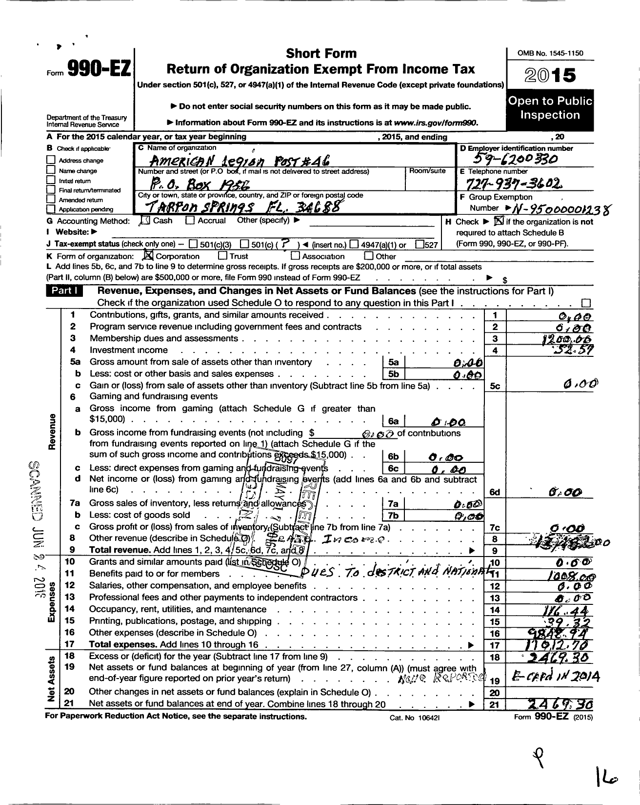 Image of first page of 2015 Form 990EO for American Legion - 46 Tarpon Springs