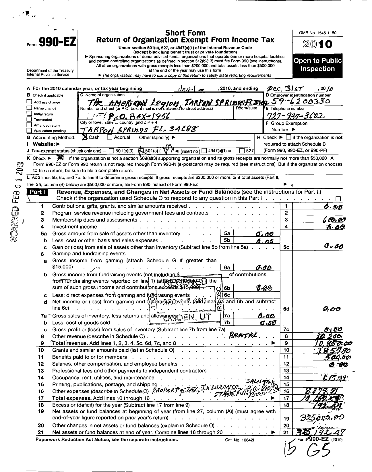 Image of first page of 2010 Form 990EO for American Legion - 46 Tarpon Springs