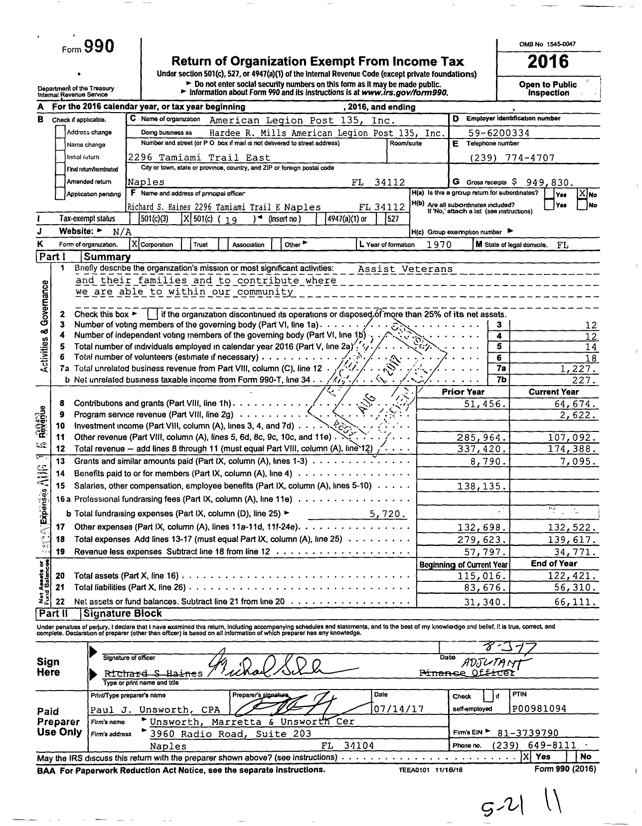 Image of first page of 2016 Form 990O for American Legion Post 135