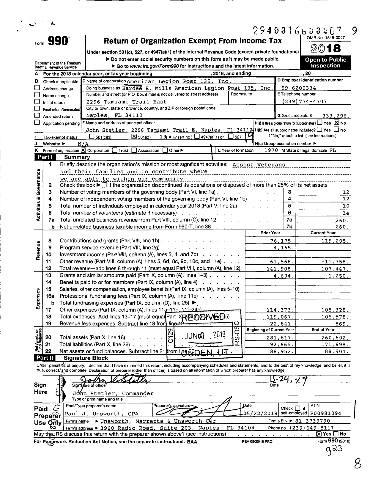 Image of first page of 2018 Form 990O for American Legion Post 135